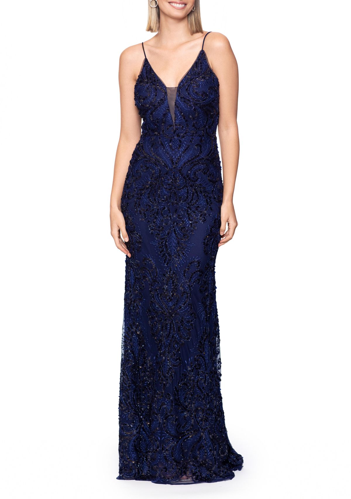 Womens Sleeveless V-Neck Sequin Gown