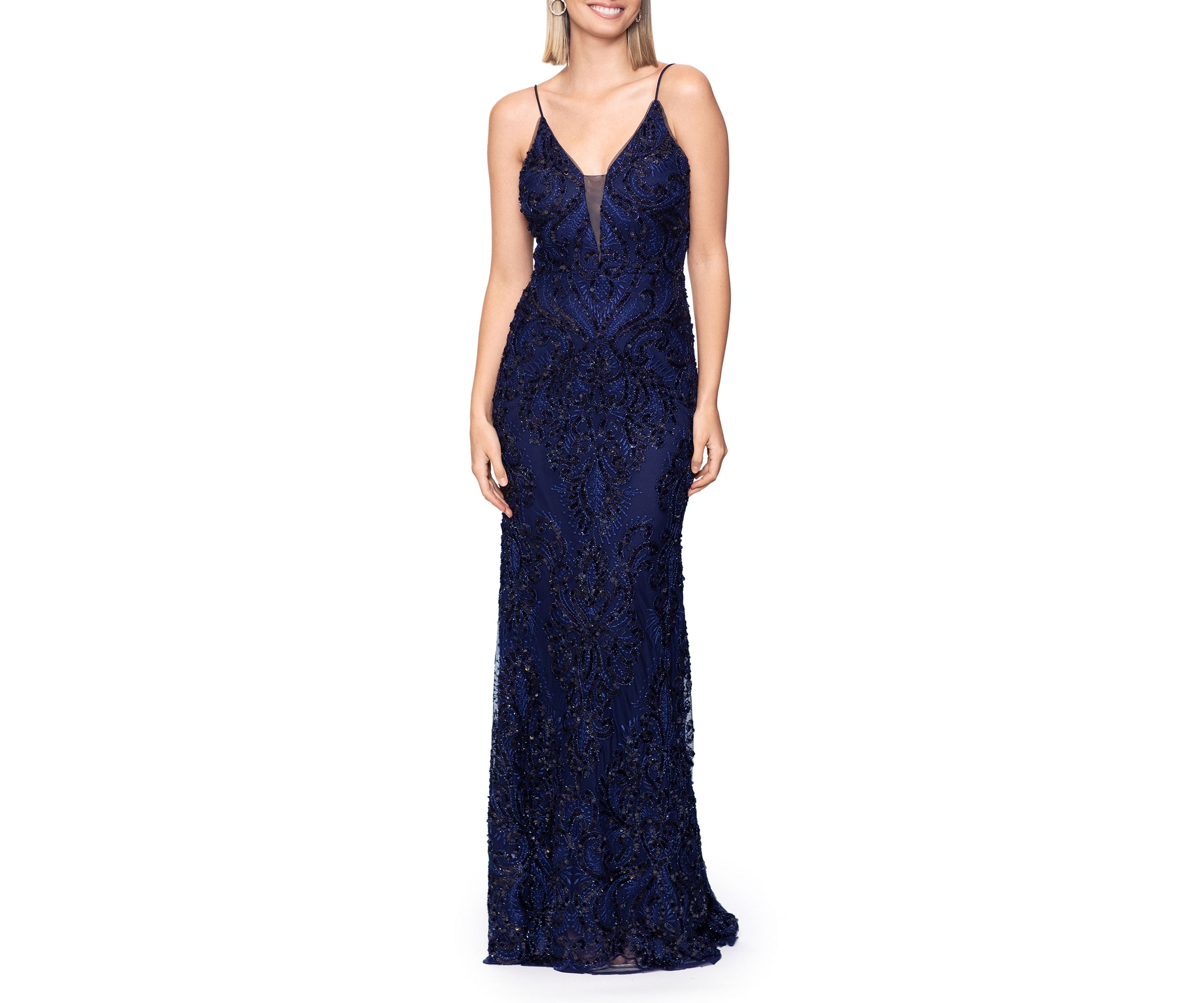 Womens Sleeveless V-Neck Sequin Gown