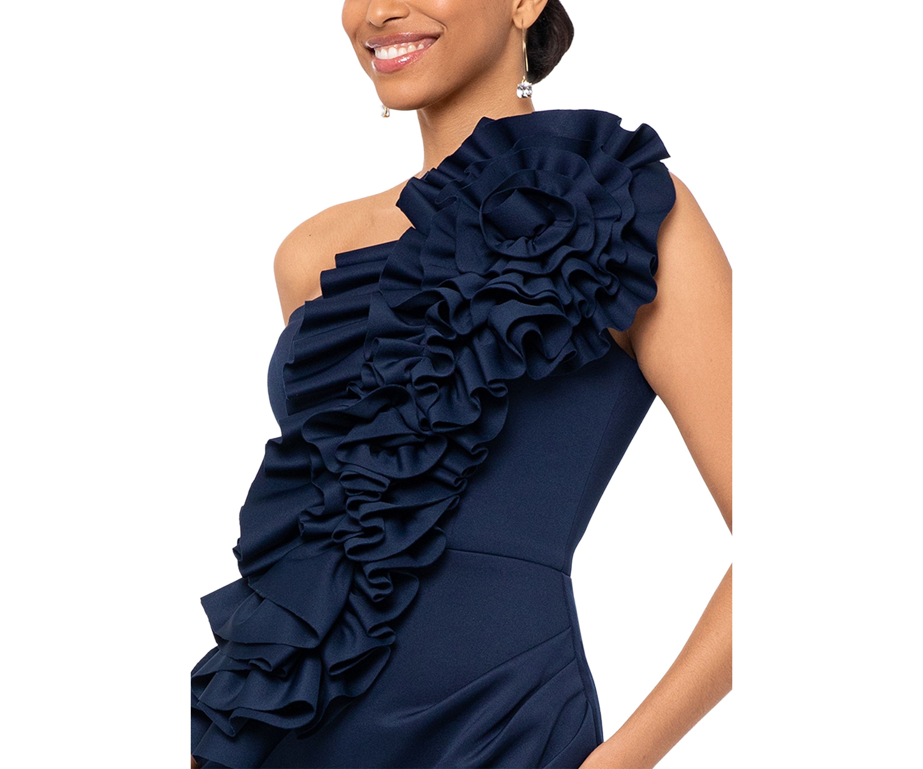 Womens Solid Ruffle One Shoulder Sheath Dress