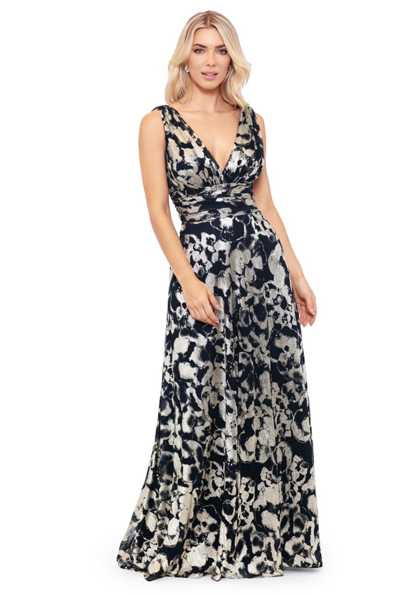 Womens Sleeveless Metallic Knit Fit and Flare Gown 