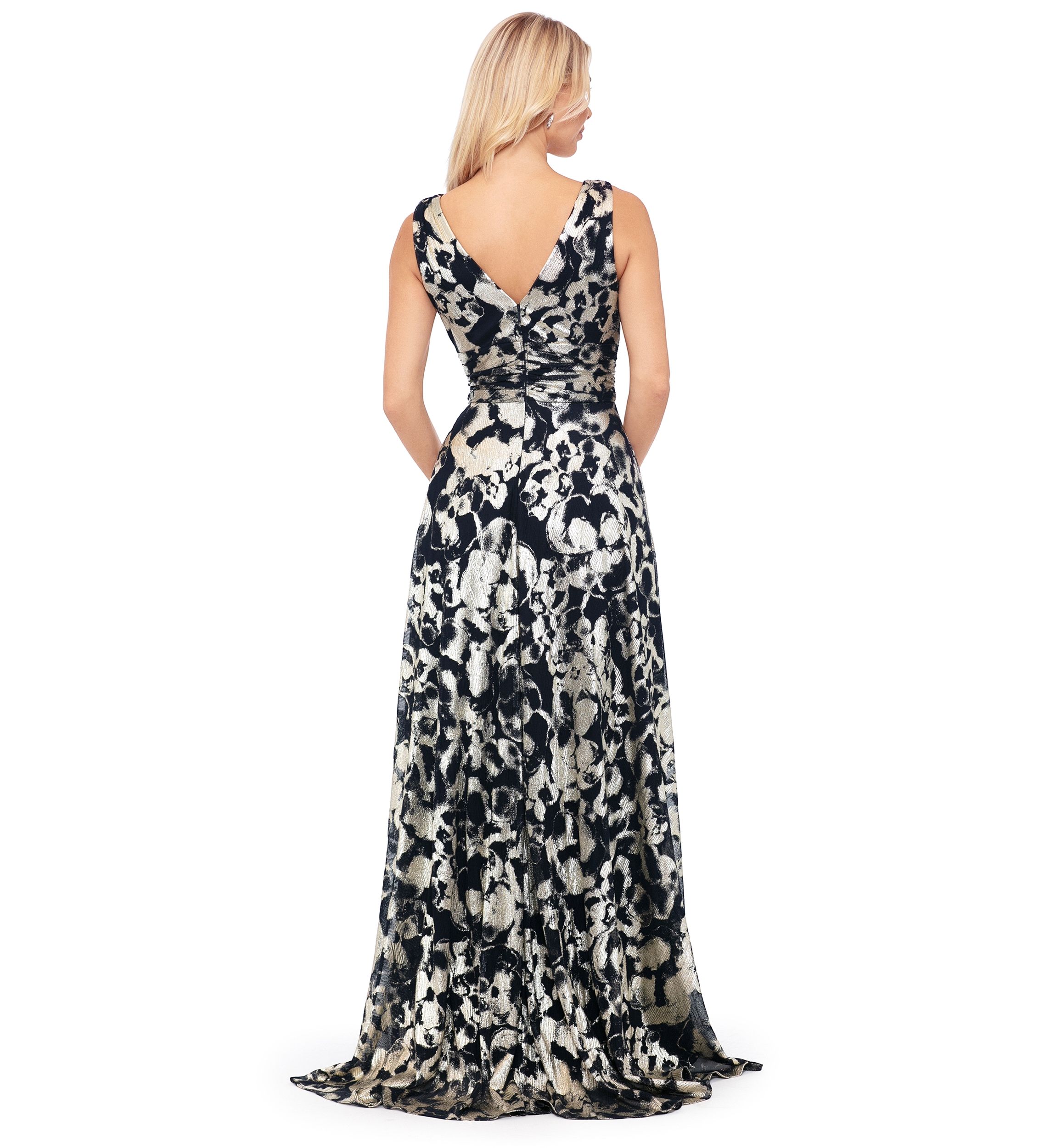 Womens Sleeveless Metallic Knit Fit and Flare Gown 