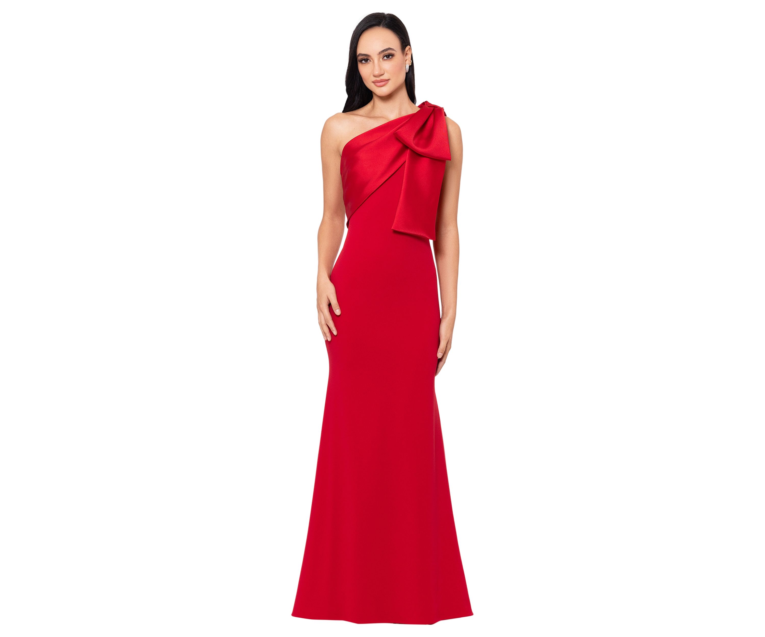 Womens Long Scuba Crepe Bow Satin Gown