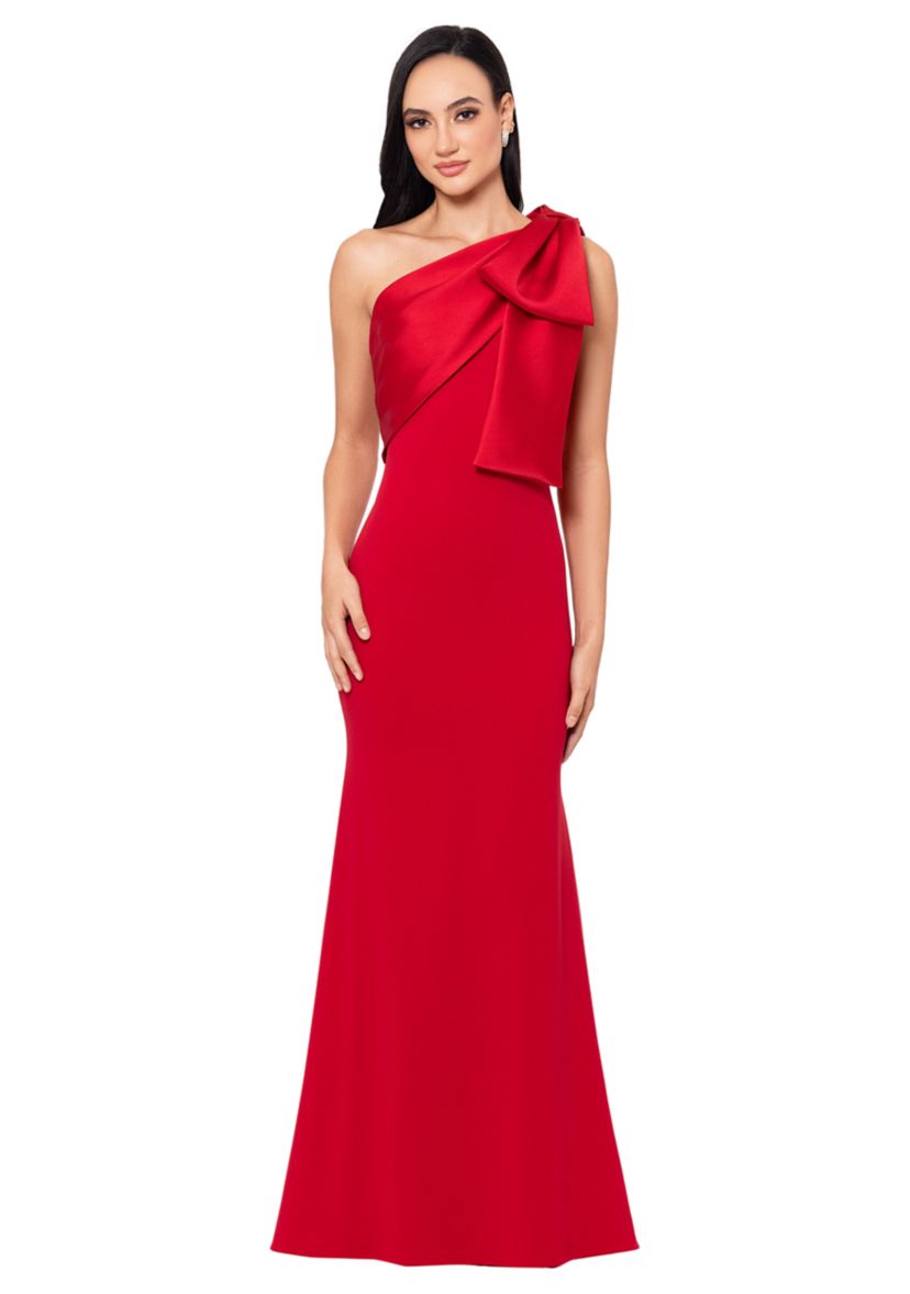 Womens Long Scuba Crepe Bow Satin Gown
