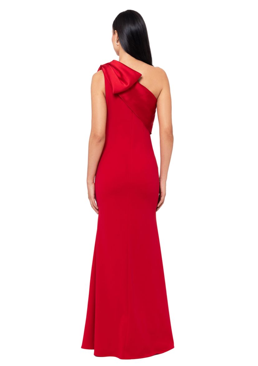 Womens Long Scuba Crepe Bow Satin Gown