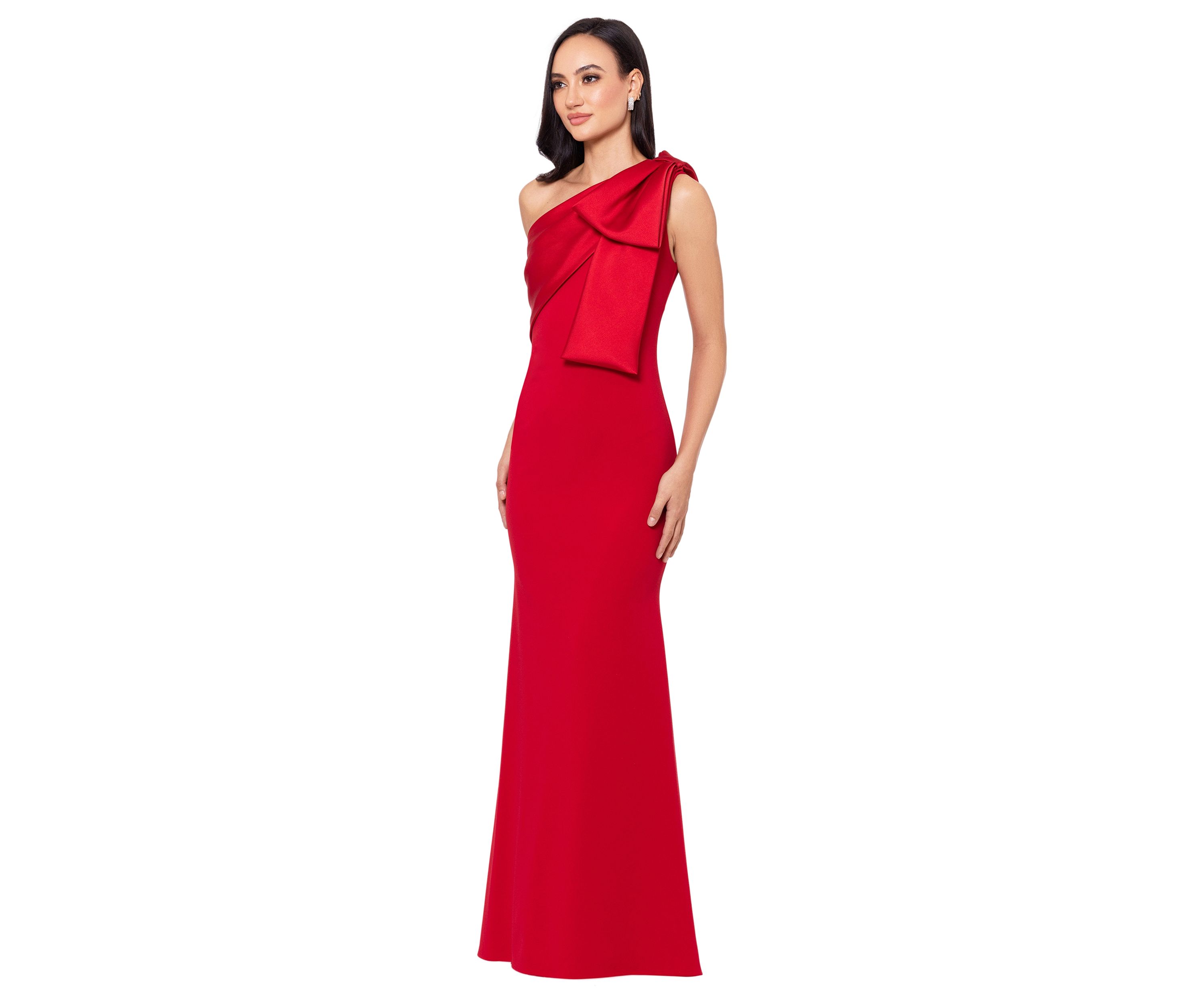 Womens Long Scuba Crepe Bow Satin Gown