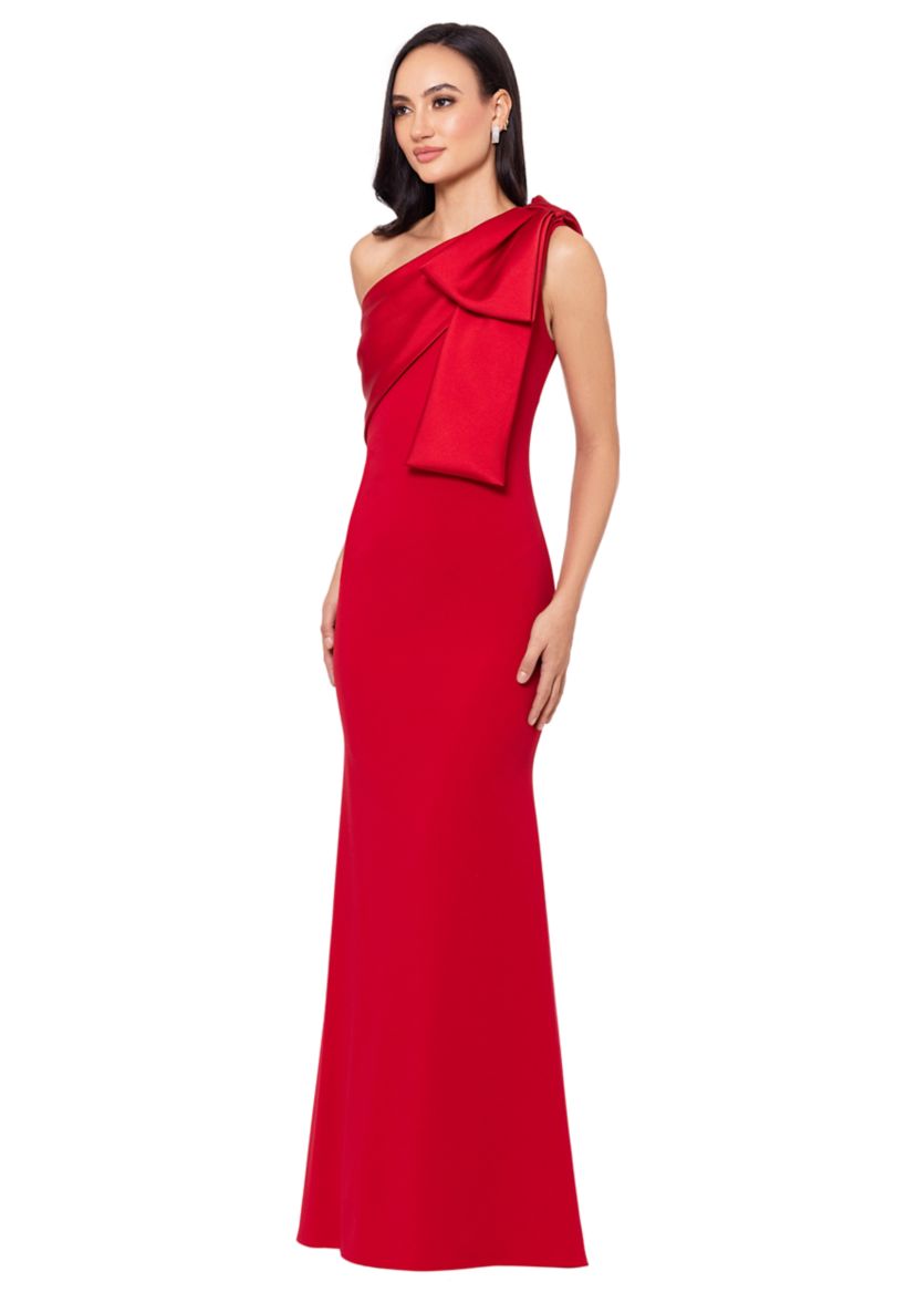 Womens Long Scuba Crepe Bow Satin Gown
