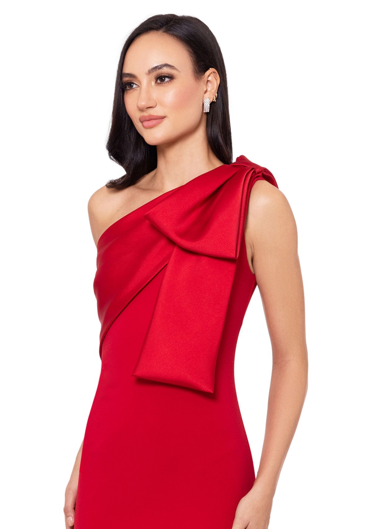 Womens Long Scuba Crepe Bow Satin Gown
