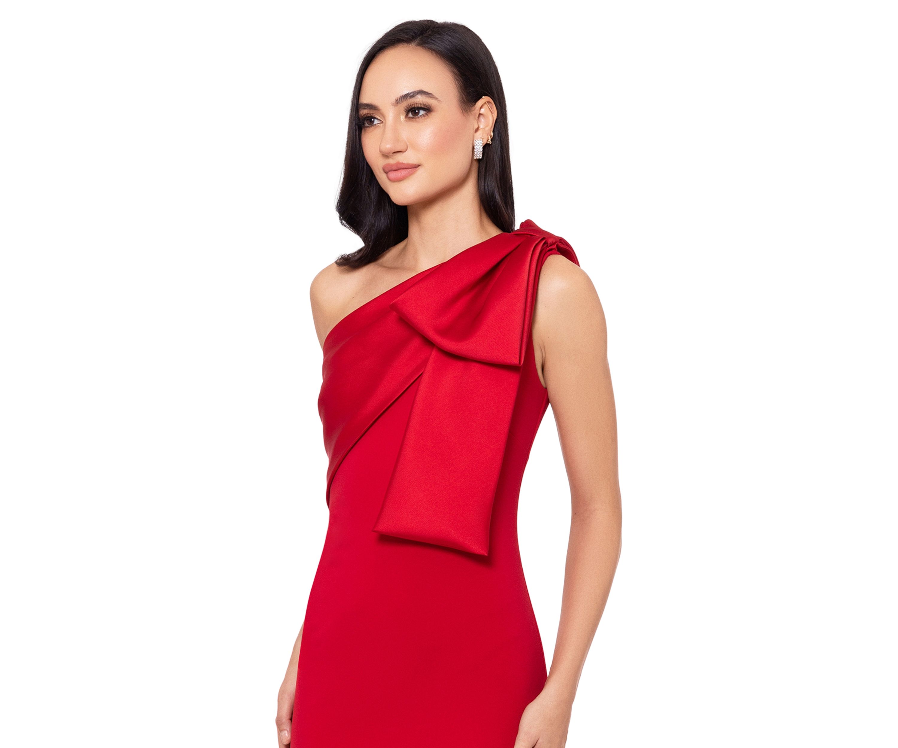 Womens Long Scuba Crepe Bow Satin Gown