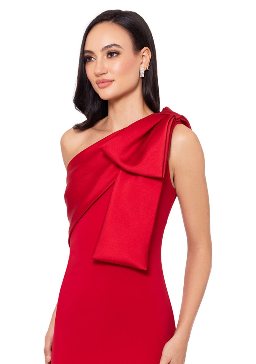 Womens Long Scuba Crepe Bow Satin Gown