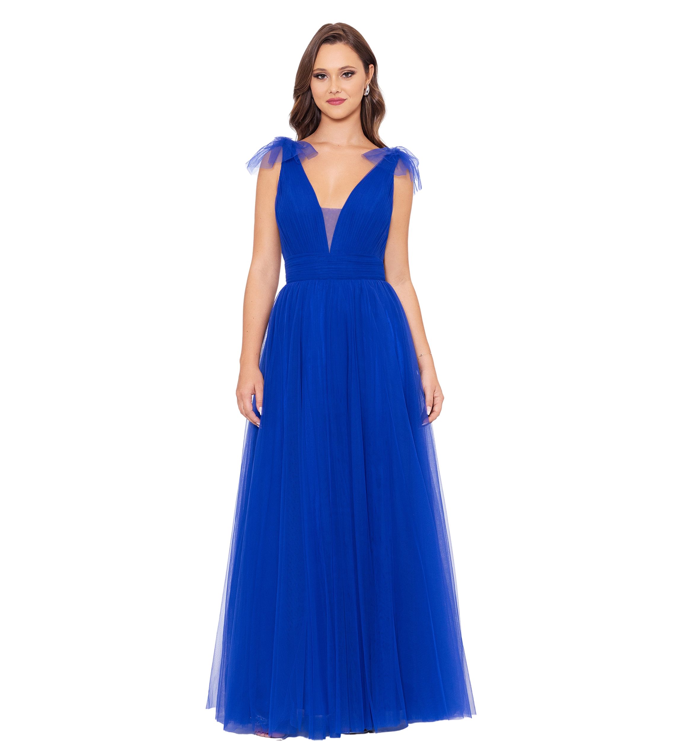 Womens V-Neck Illusion Tulle Gown