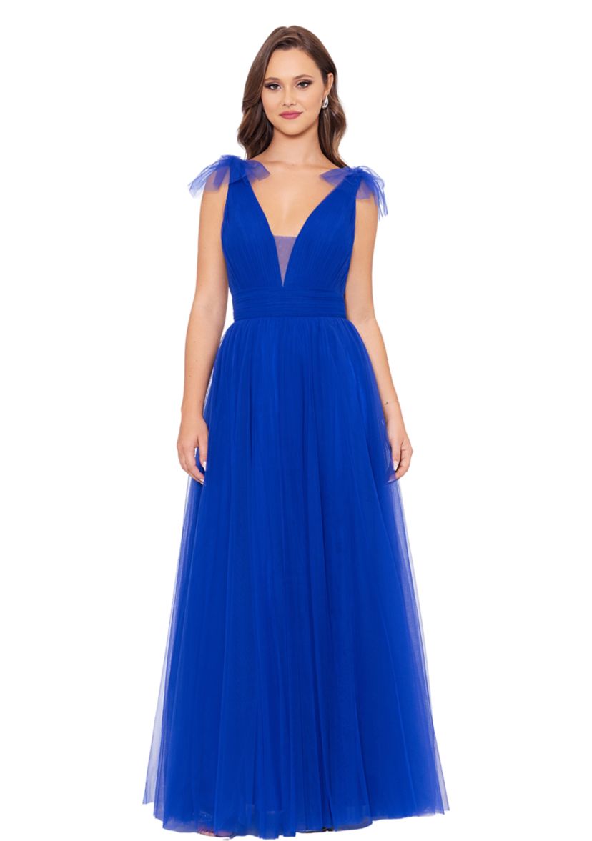Womens V-Neck Illusion Tulle Gown