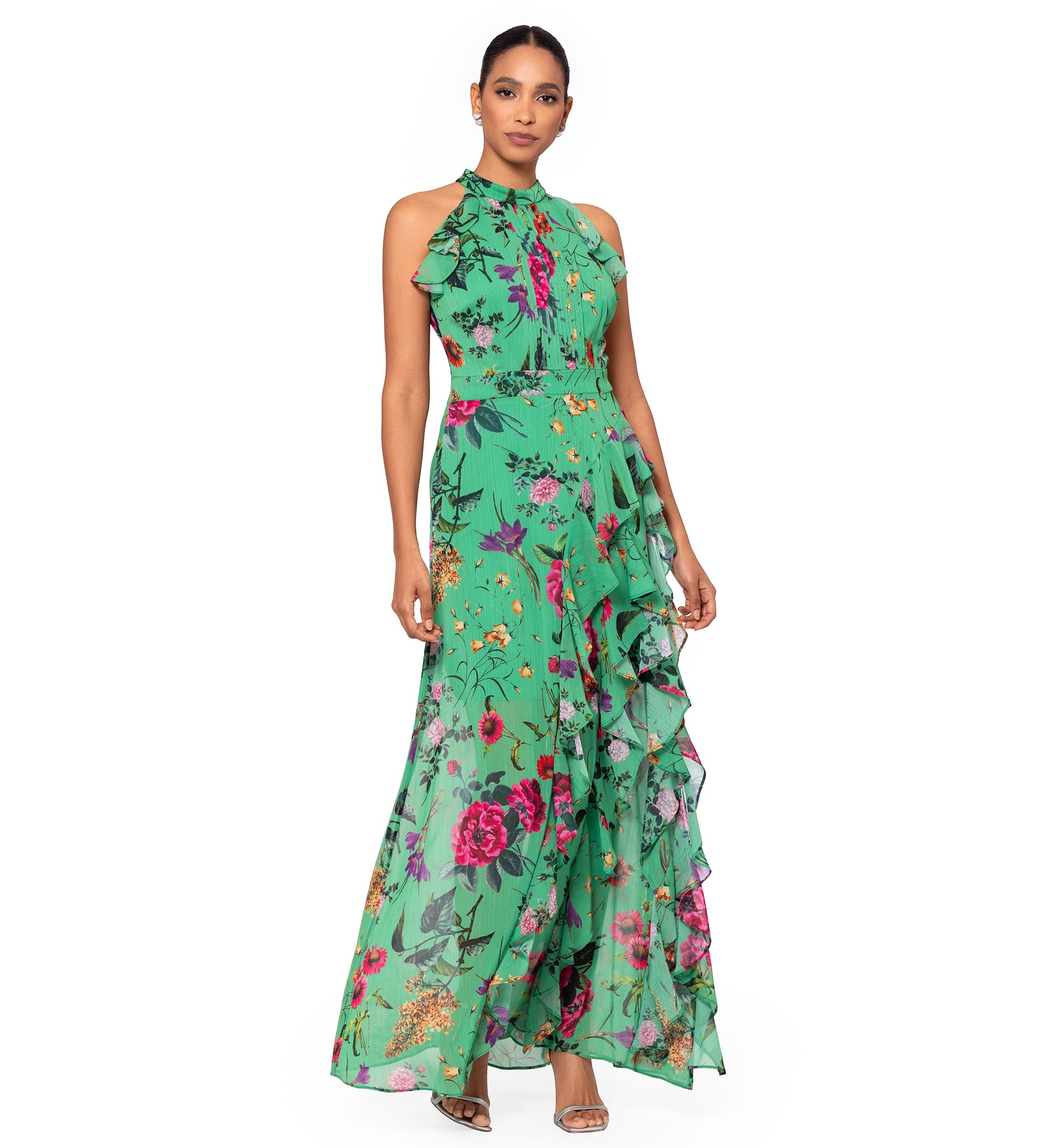 Womens Halter Sleeveless Fit and Flare Floral Maxi Dress