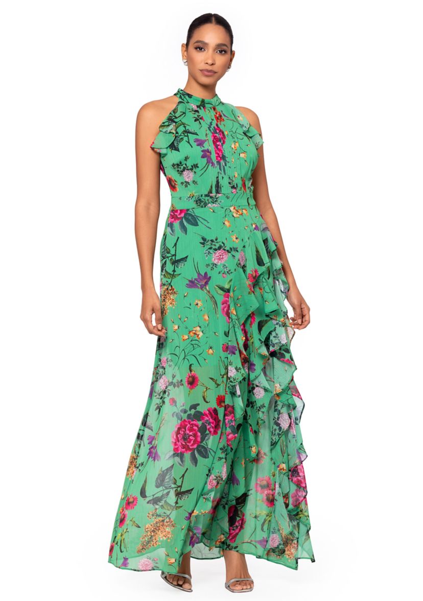 Womens Halter Sleeveless Fit and Flare Floral Maxi Dress