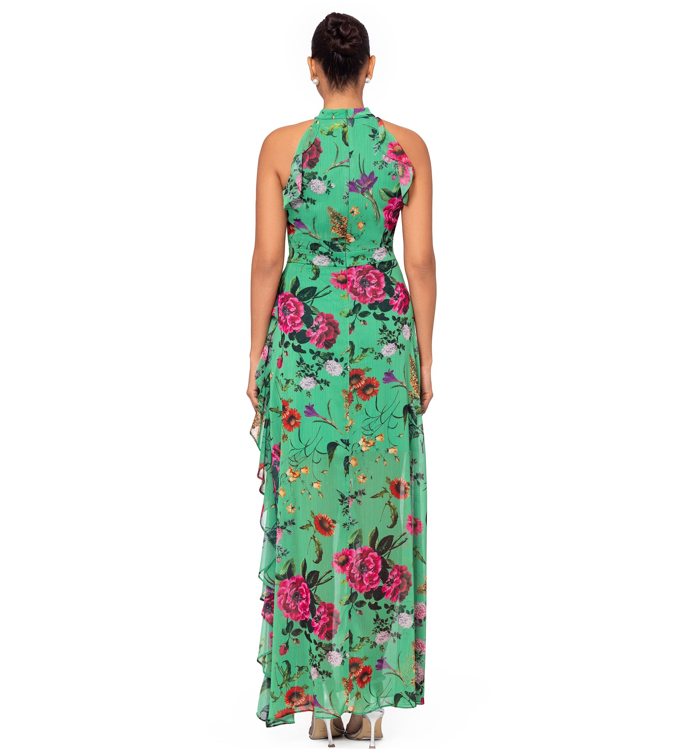 Womens Halter Sleeveless Fit and Flare Floral Maxi Dress