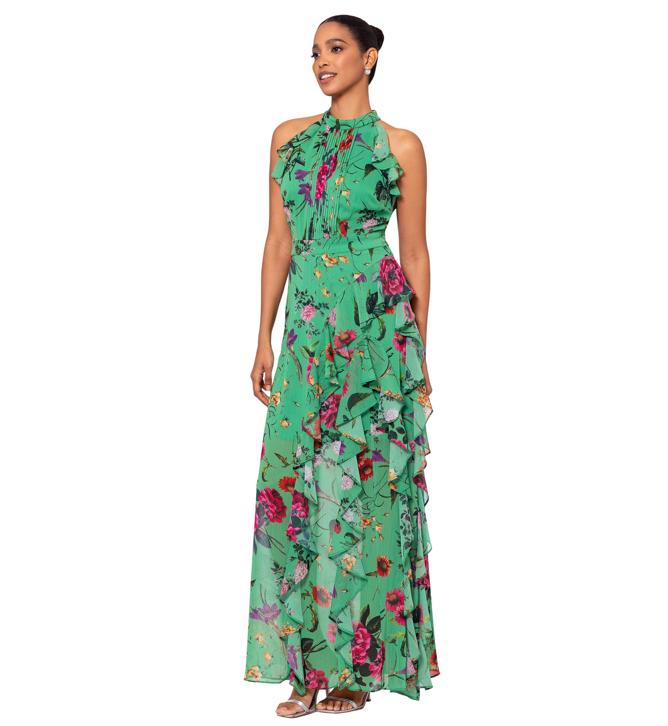 Womens Halter Sleeveless Fit and Flare Floral Maxi Dress