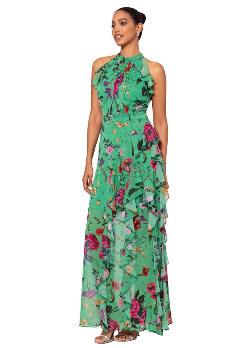 Womens Halter Sleeveless Fit and Flare Floral Maxi Dress