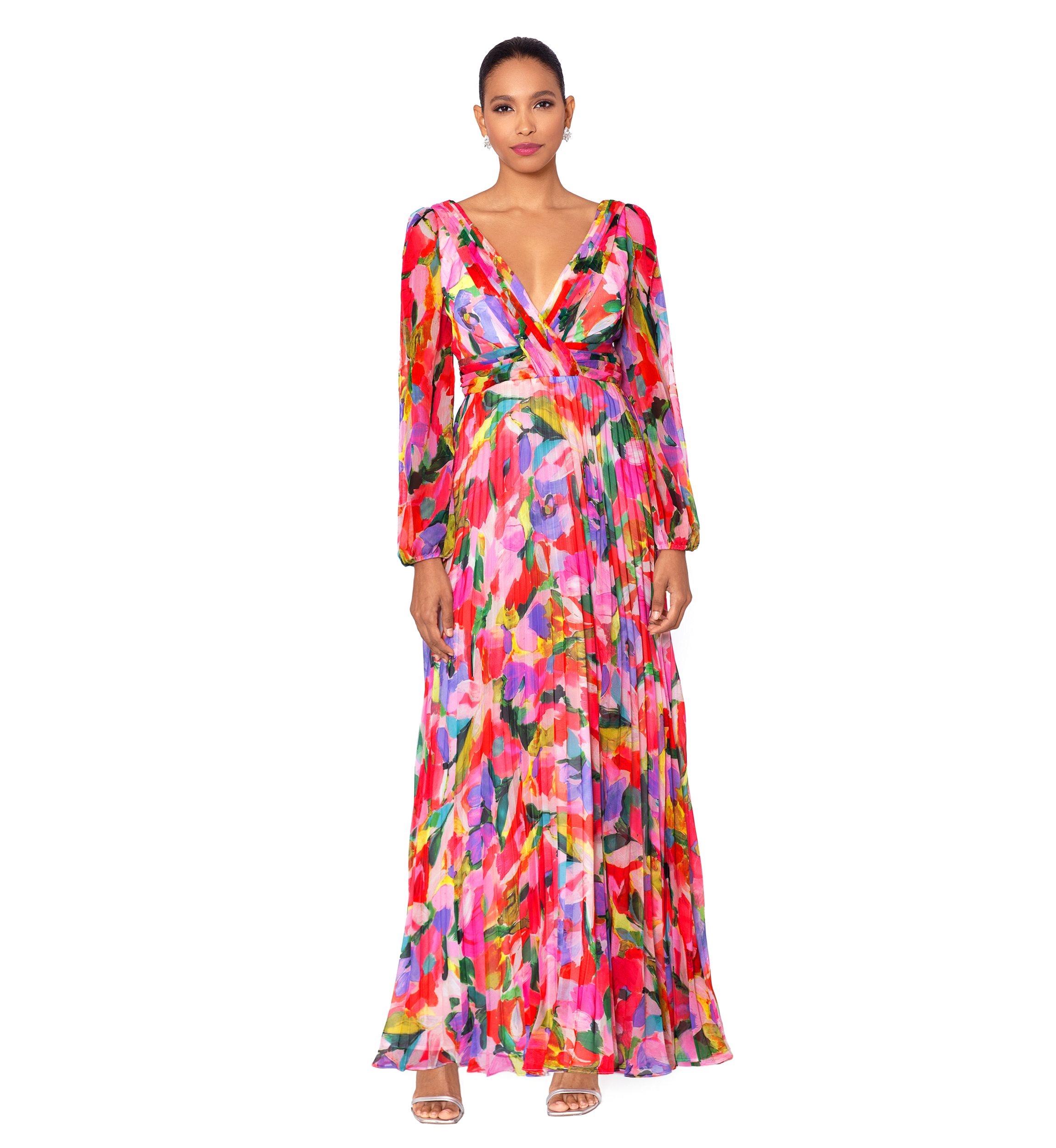 Womens V-Neck Long Sleeve Chiffon Pleated Fit and Flare Gown
