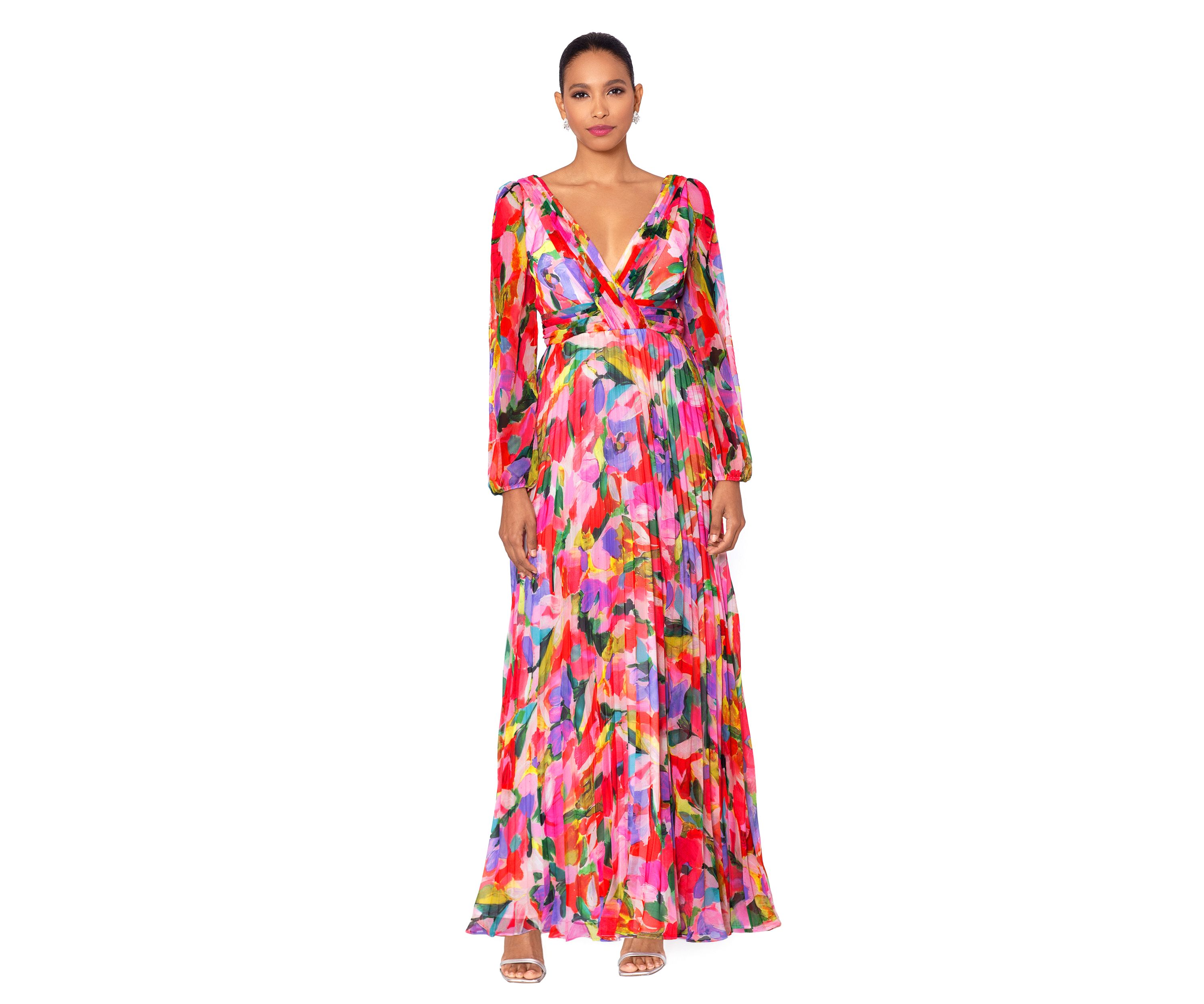 Womens V-Neck Long Sleeve Chiffon Pleated Fit and Flare Gown