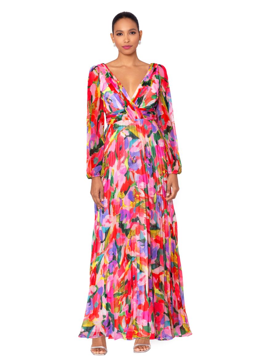 Womens V-Neck Long Sleeve Chiffon Pleated Fit and Flare Gown
