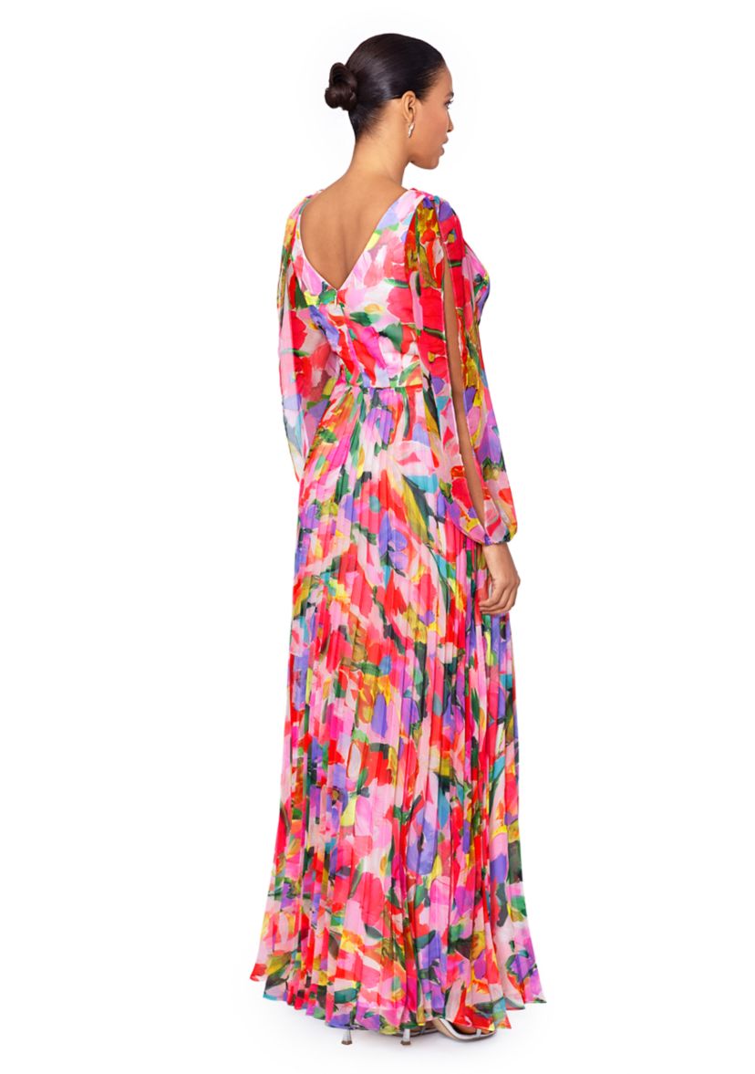Womens V-Neck Long Sleeve Chiffon Pleated Fit and Flare Gown