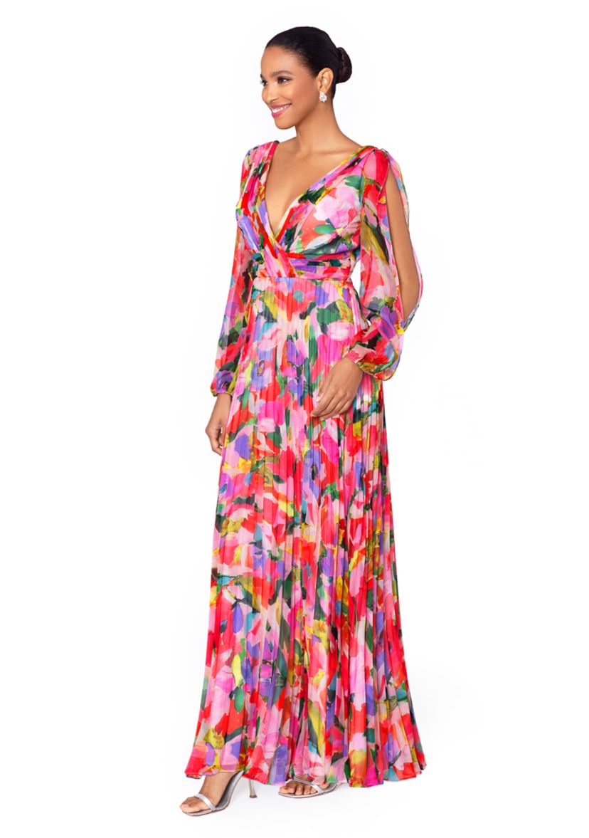 Womens V-Neck Long Sleeve Chiffon Pleated Fit and Flare Gown