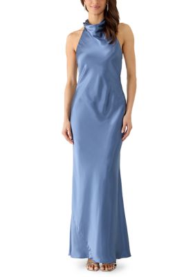 Betsy & Adam Women's Sleeveless Satin Halter Sheath Gown, Blue, 14