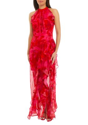 Women's Sleeveless Halter Floral Printed Chiffon Maxi Dress