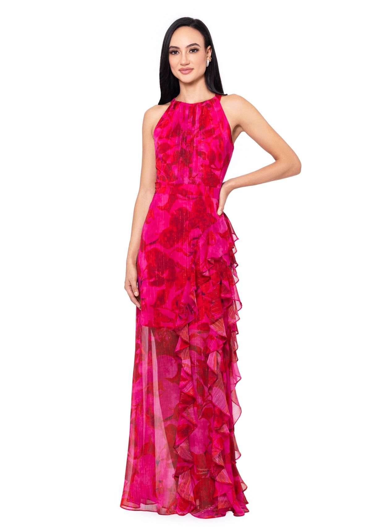 Womens Sleeveless Halter Floral Printed Chiffon Maxi Dress