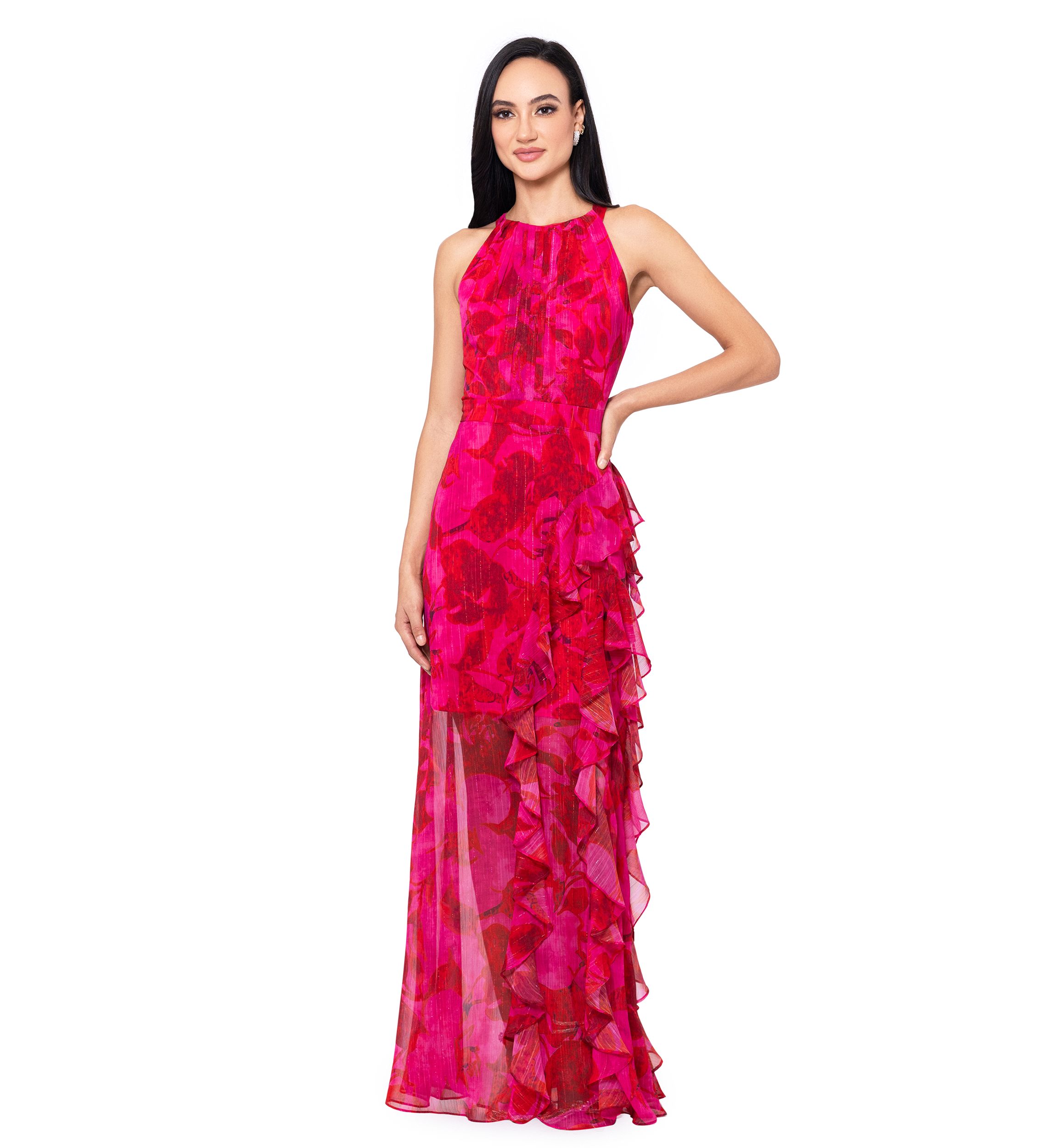 Womens Sleeveless Halter Floral Printed Chiffon Maxi Dress