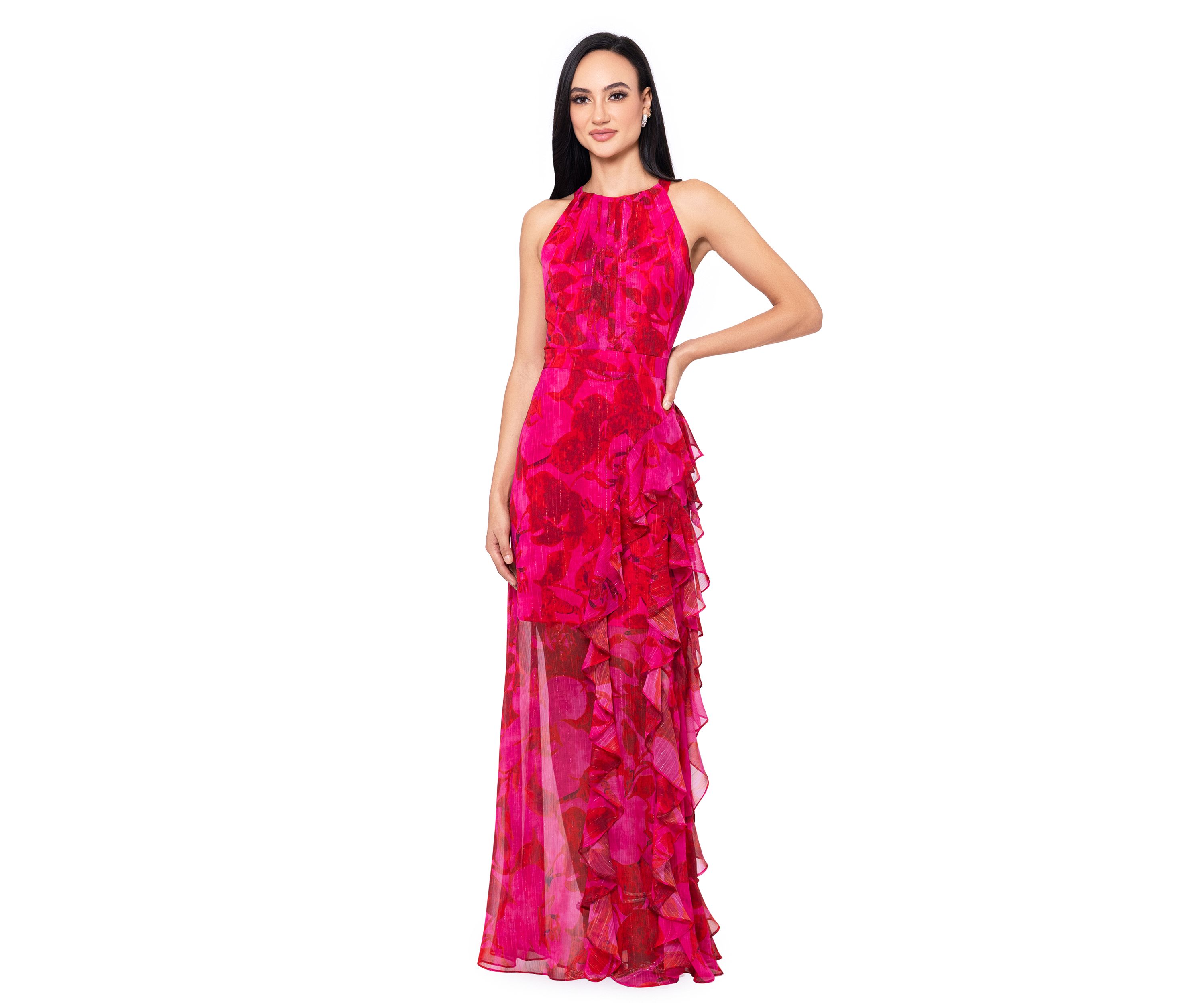 Womens Sleeveless Halter Floral Printed Chiffon Maxi Dress