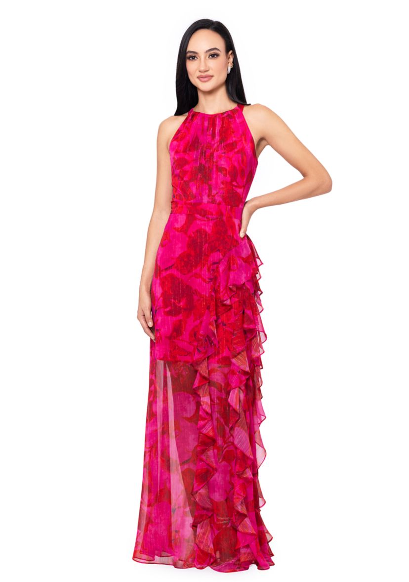 Womens Sleeveless Halter Floral Printed Chiffon Maxi Dress
