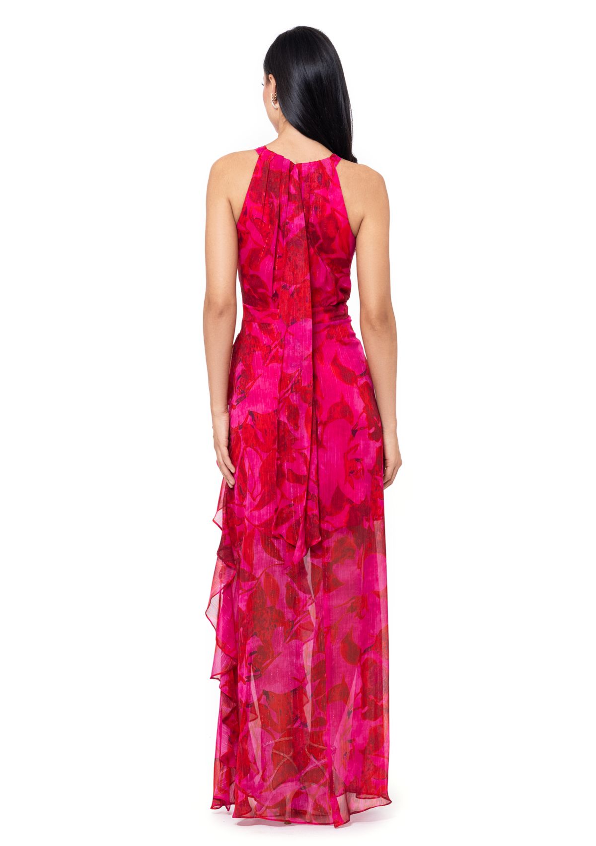 Womens Sleeveless Halter Floral Printed Chiffon Maxi Dress