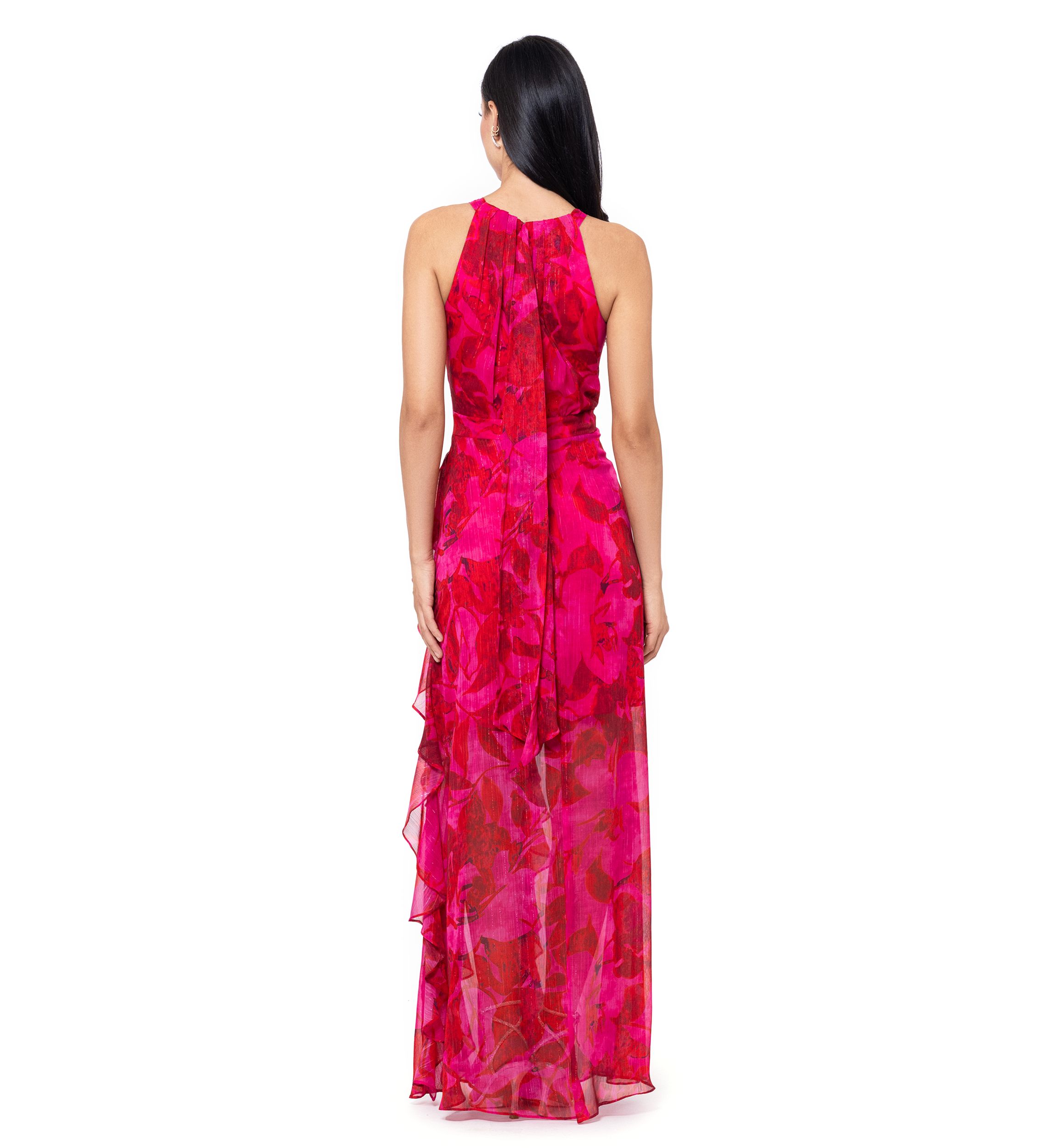 Womens Sleeveless Halter Floral Printed Chiffon Maxi Dress