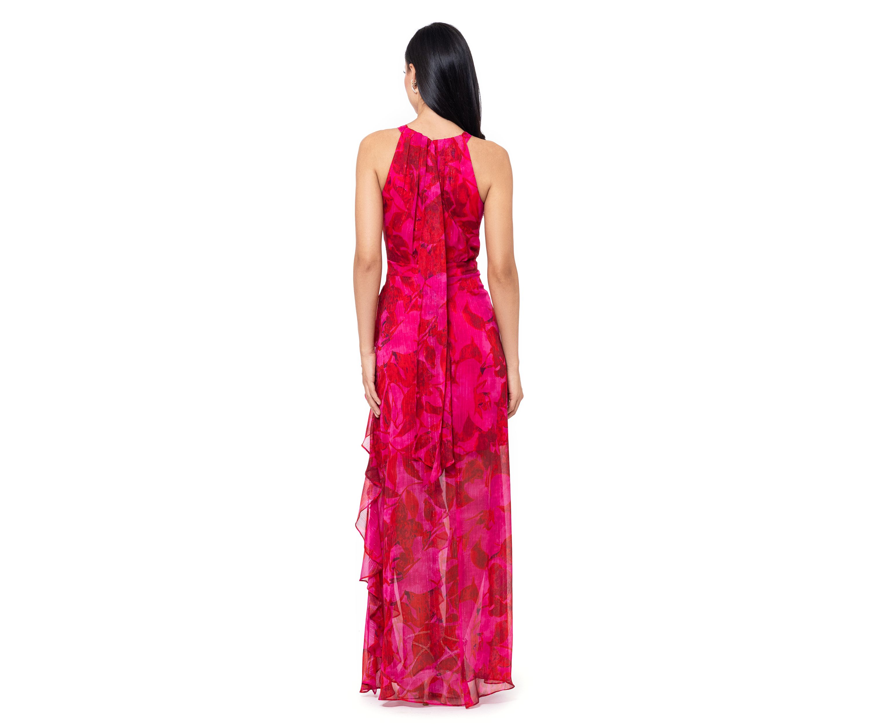 Womens Sleeveless Halter Floral Printed Chiffon Maxi Dress
