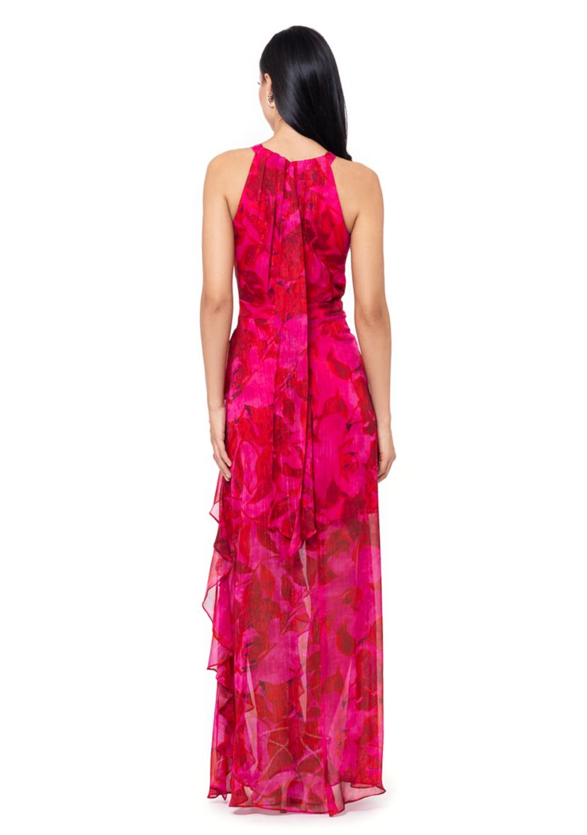 Womens Sleeveless Halter Floral Printed Chiffon Maxi Dress