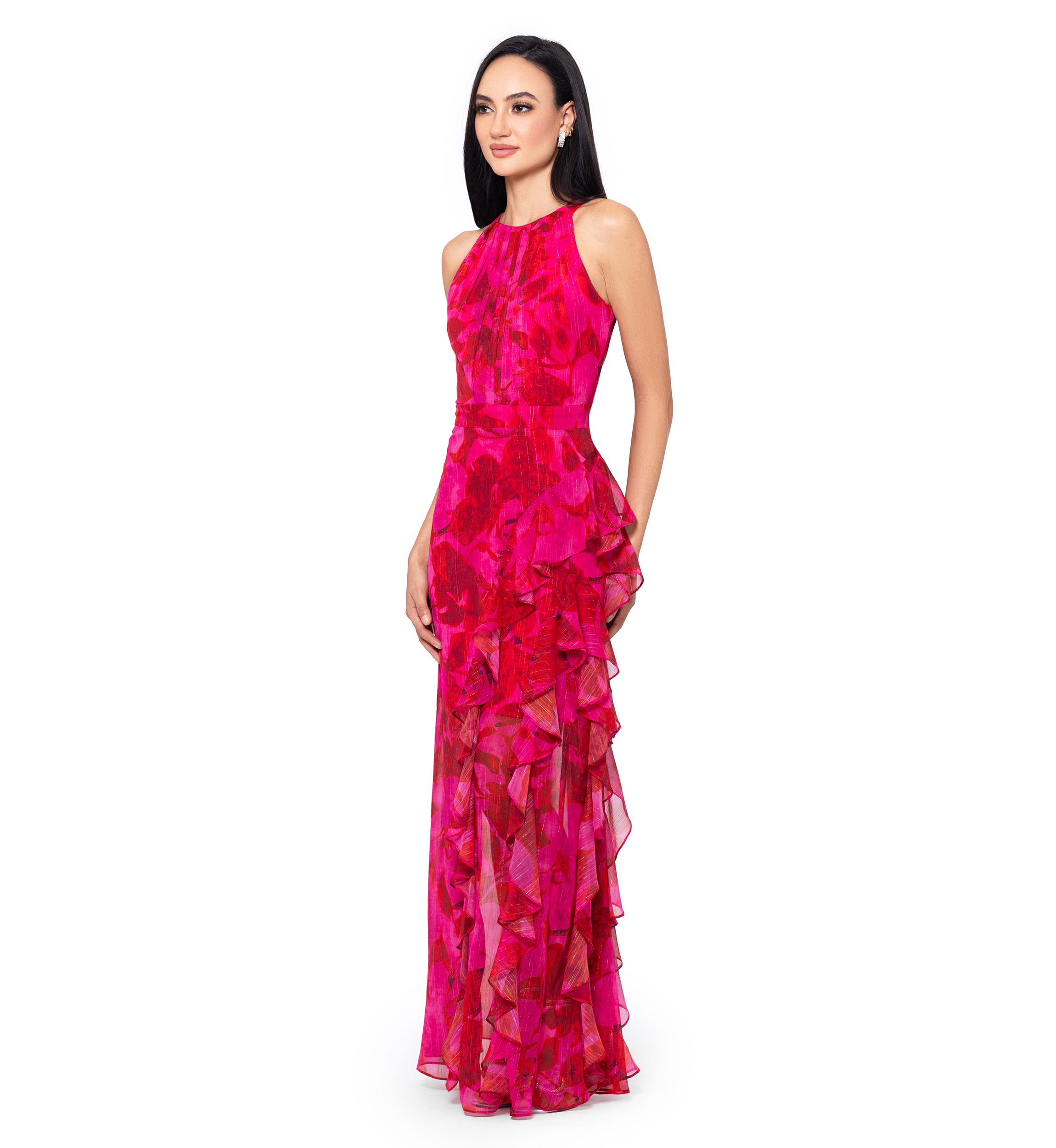 Womens Sleeveless Halter Floral Printed Chiffon Maxi Dress