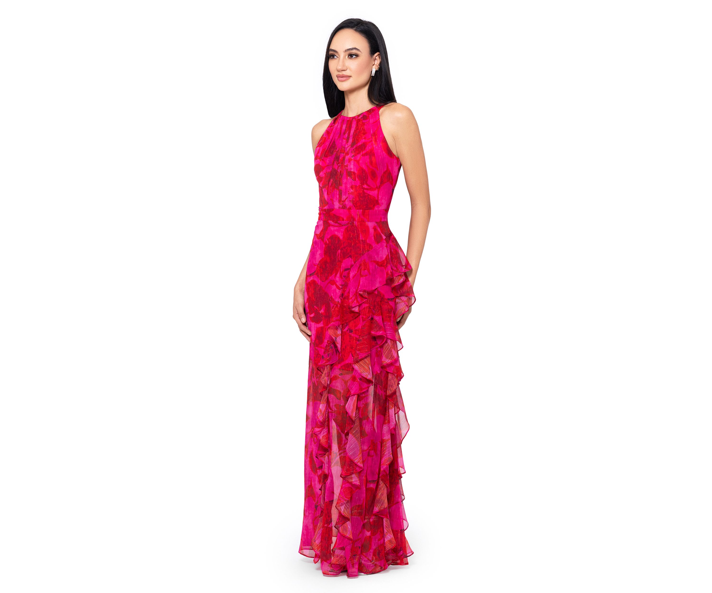 Womens Sleeveless Halter Floral Printed Chiffon Maxi Dress