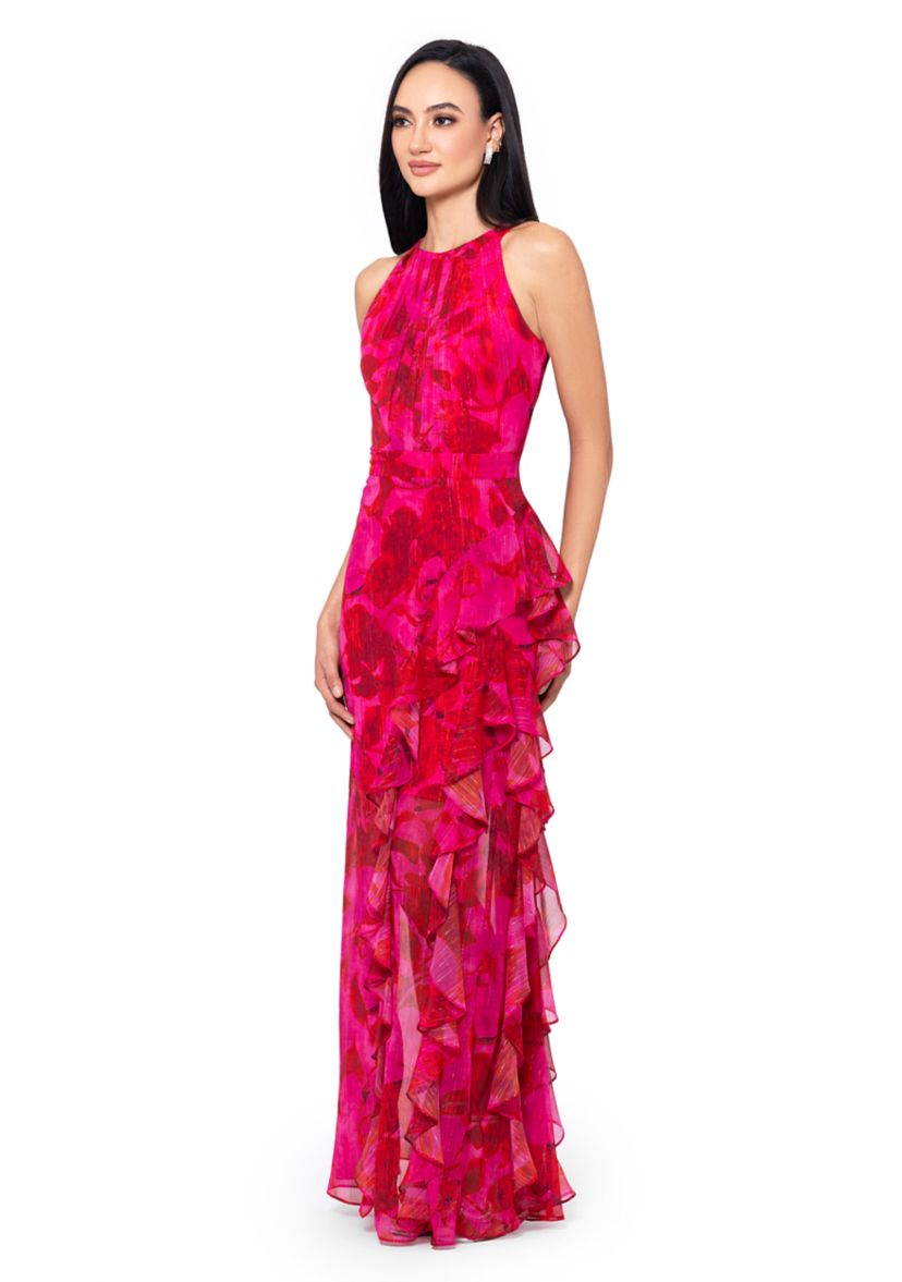 Womens Sleeveless Halter Floral Printed Chiffon Maxi Dress