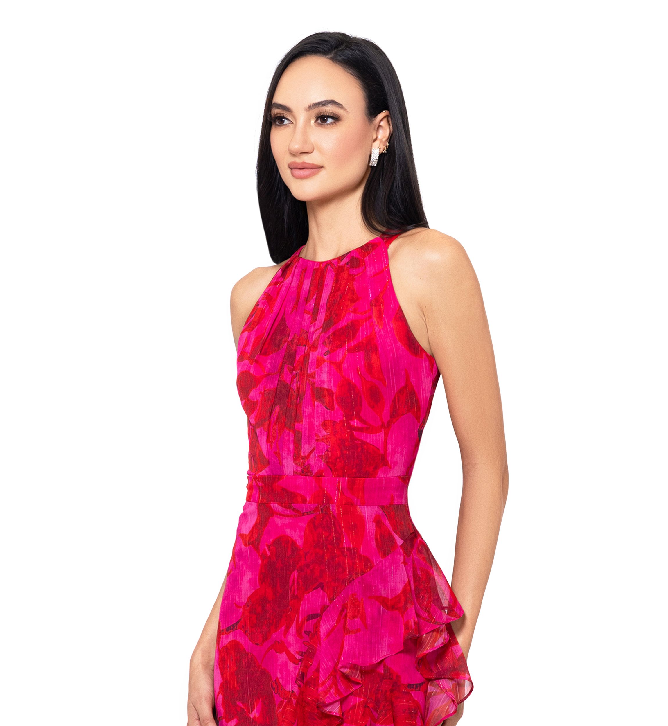 Womens Sleeveless Halter Floral Printed Chiffon Maxi Dress