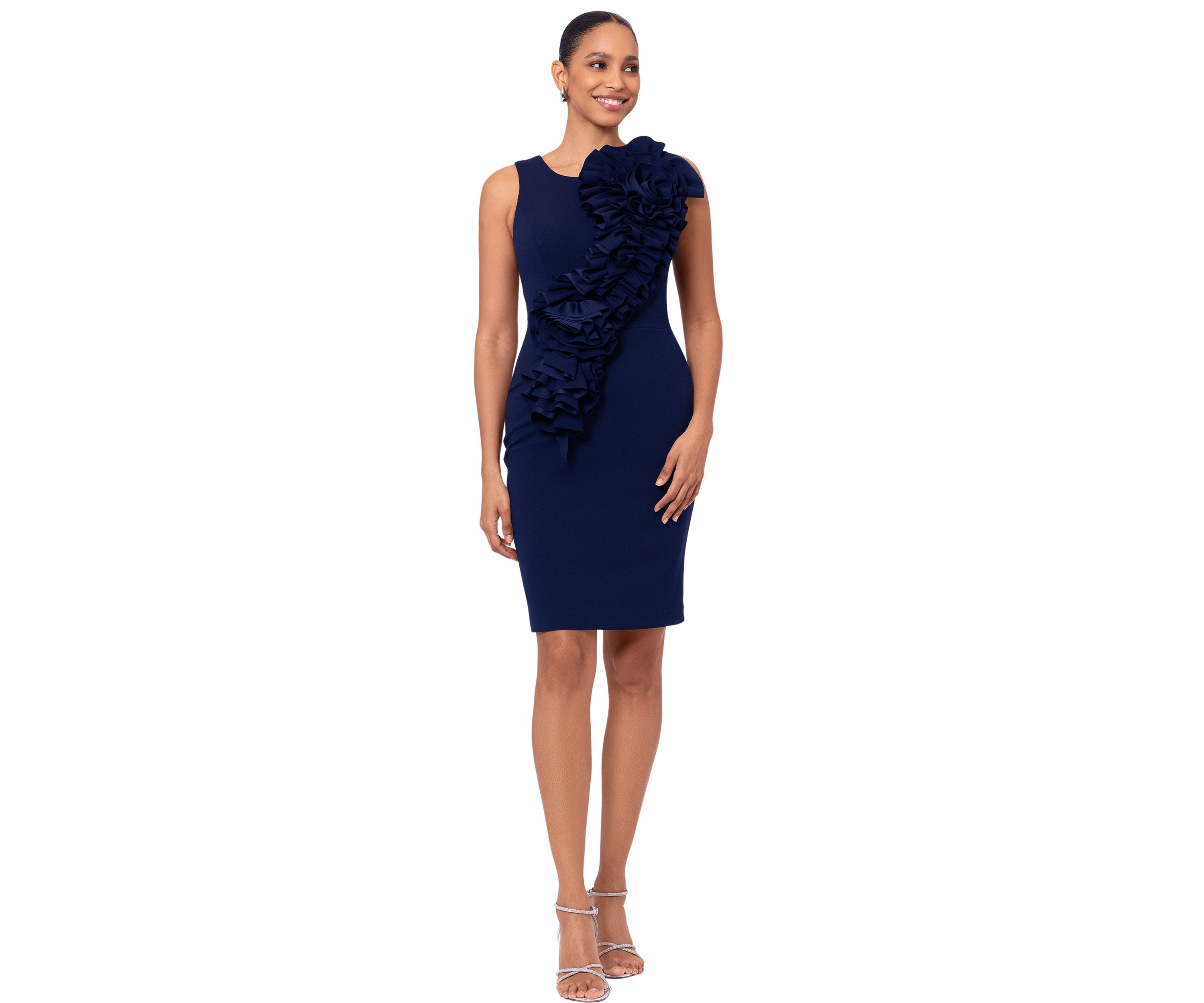 Womens Sleeveless Ruffle Body Solid Sheath Dress