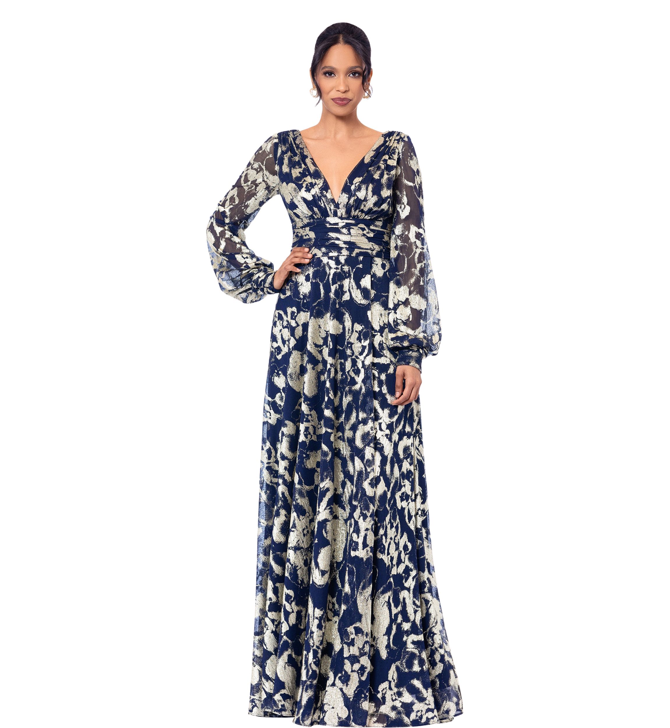 Womens Long Sleeve Floral Print Belted Gown 