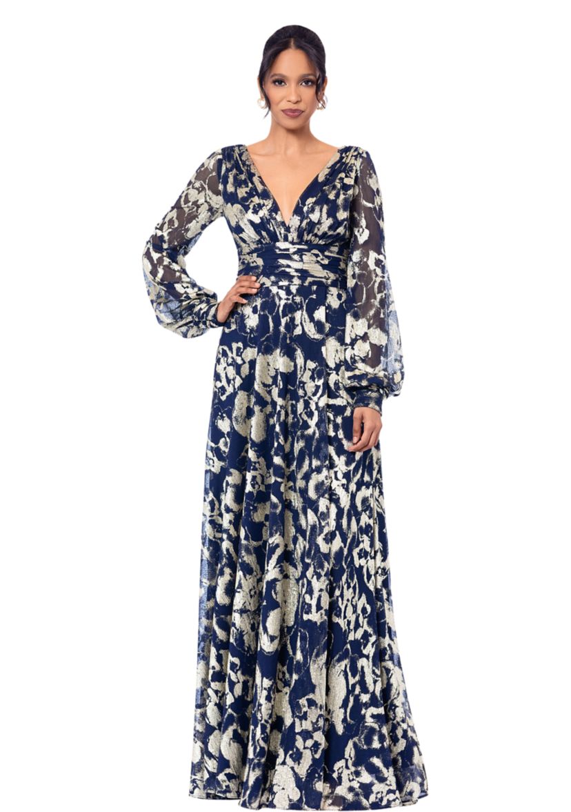 Womens Long Sleeve Floral Print Belted Gown 