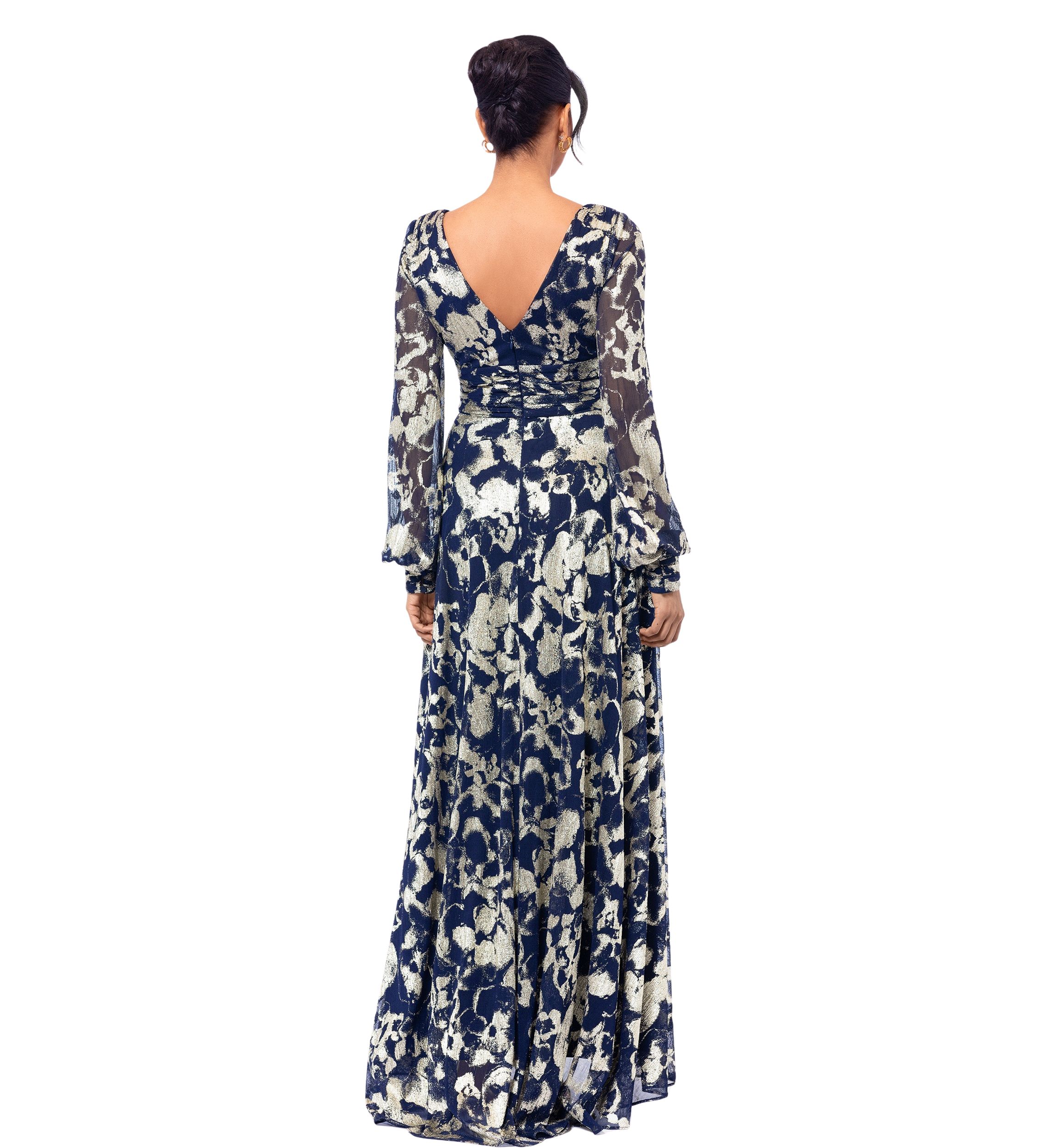 Womens Long Sleeve Floral Print Belted Gown 