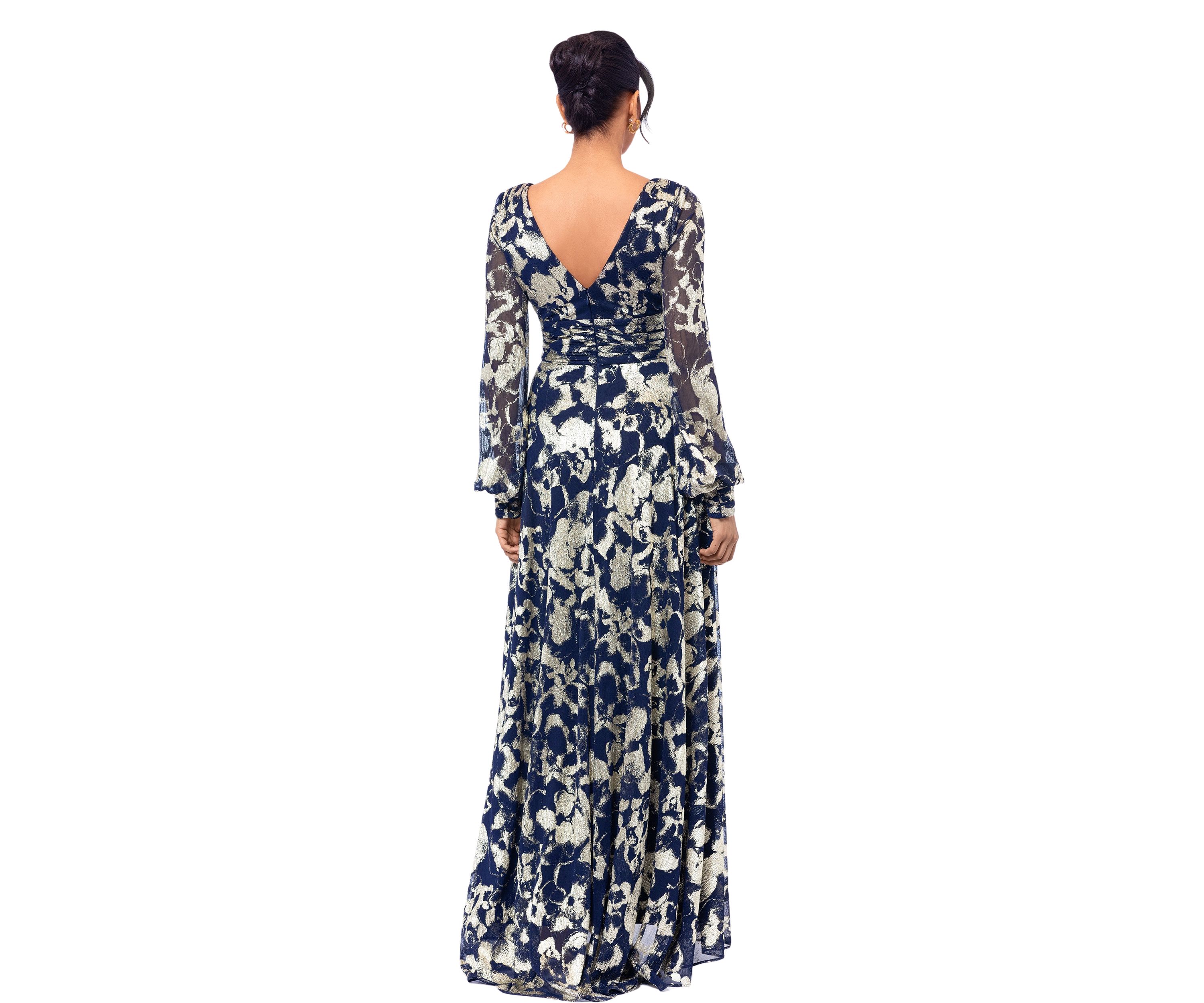 Womens Long Sleeve Floral Print Belted Gown 