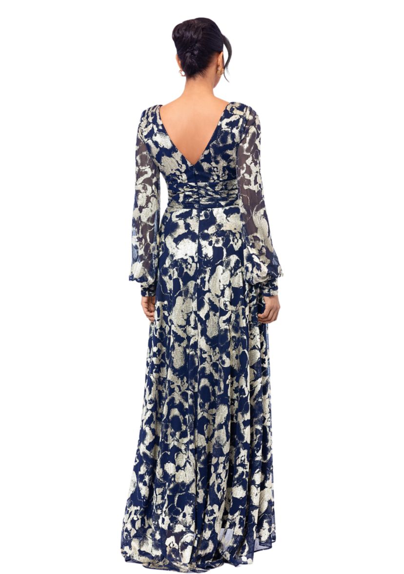 Womens Long Sleeve Floral Print Belted Gown 
