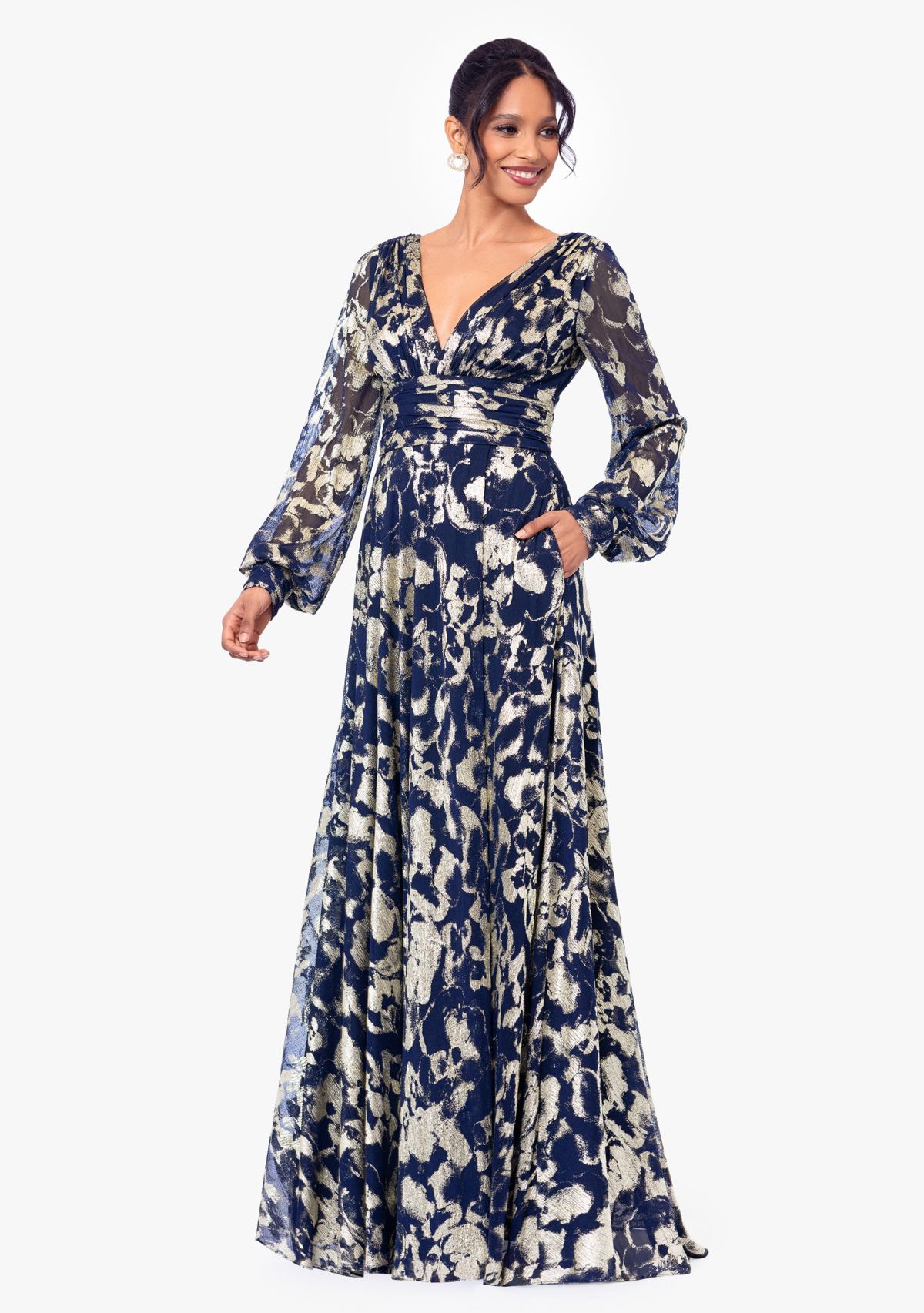 Womens Long Sleeve Floral Print Belted Gown 
