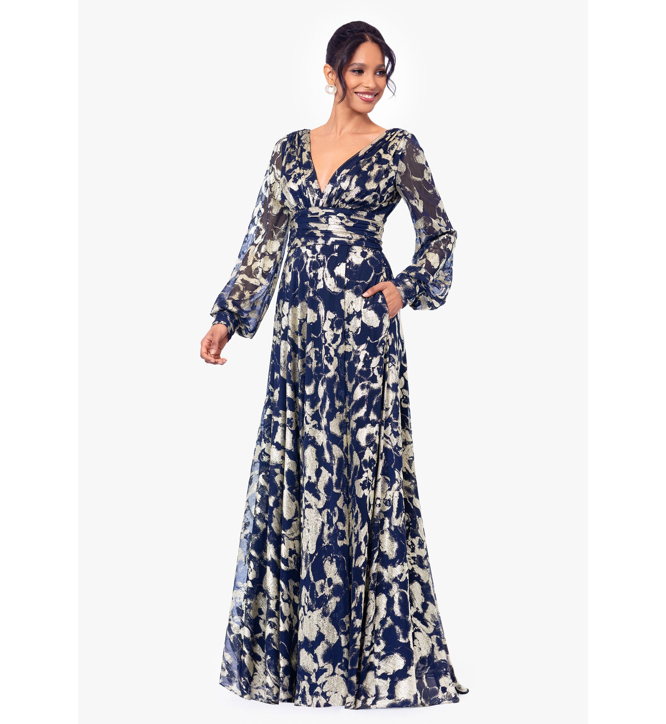 Womens Long Sleeve Floral Print Belted Gown 
