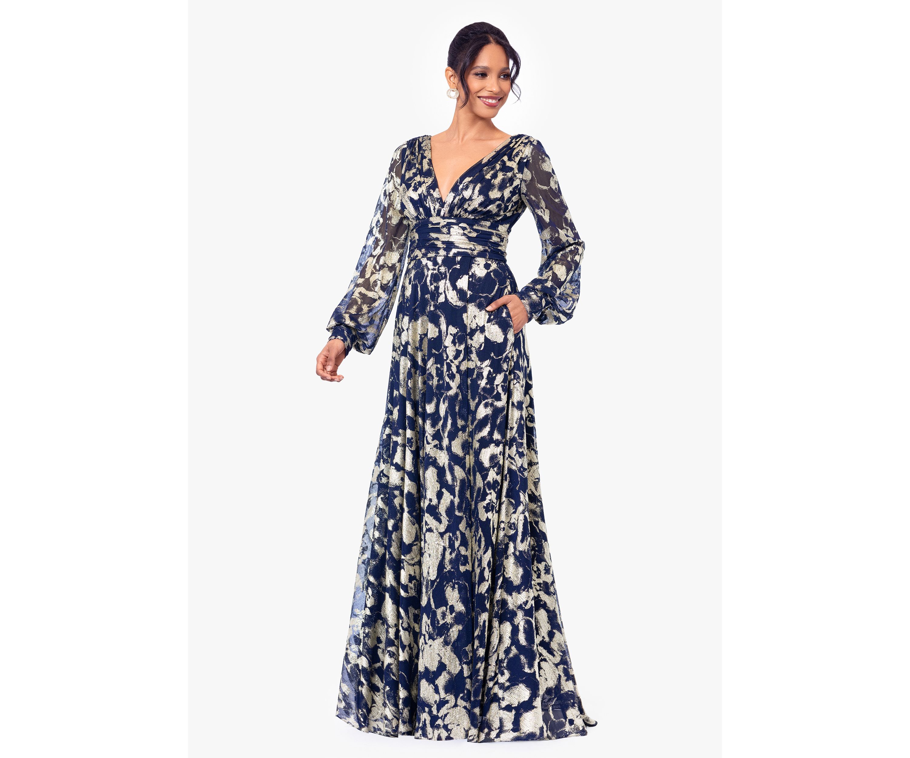 Womens Long Sleeve Floral Print Belted Gown 