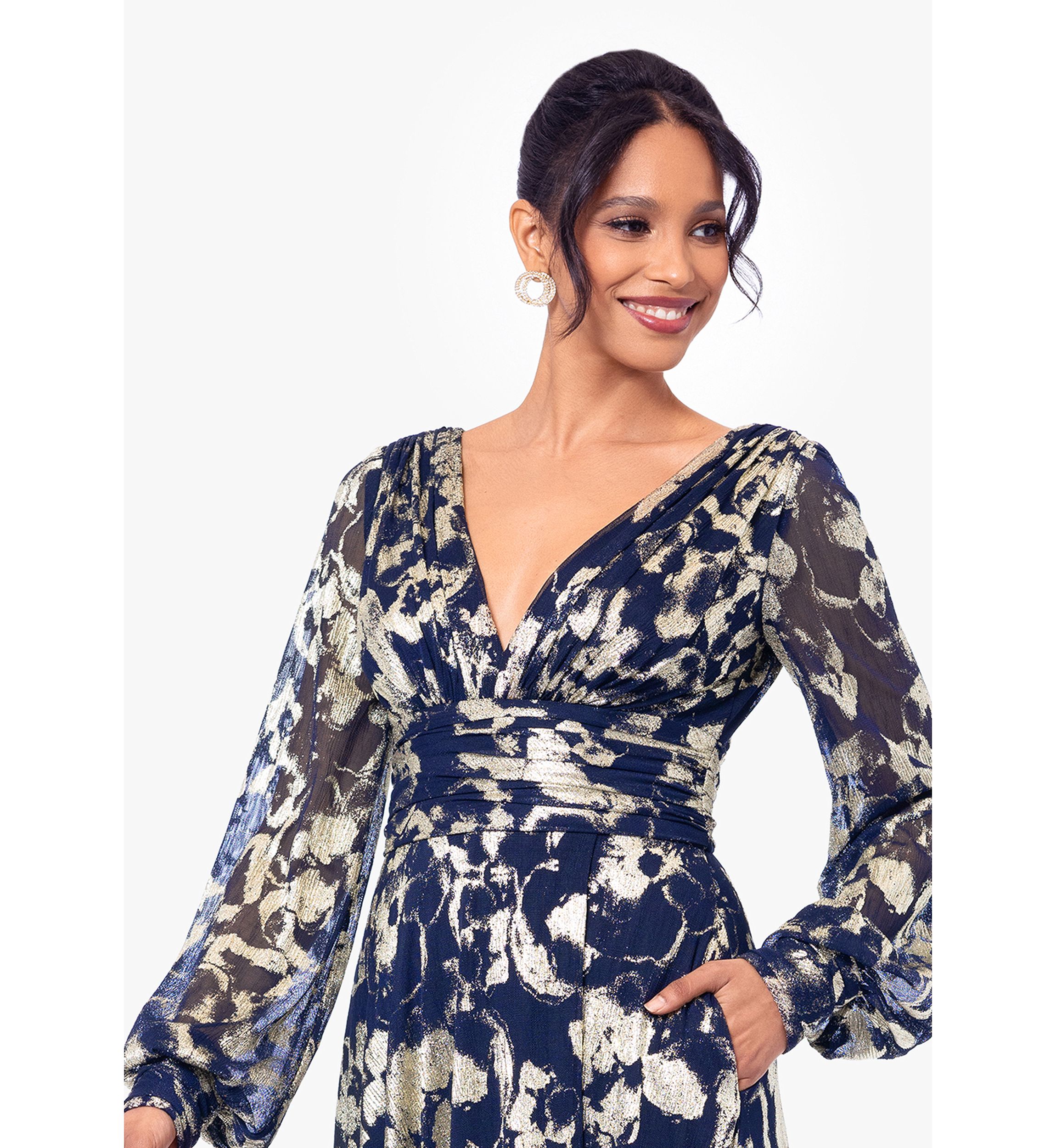 Womens Long Sleeve Floral Print Belted Gown 
