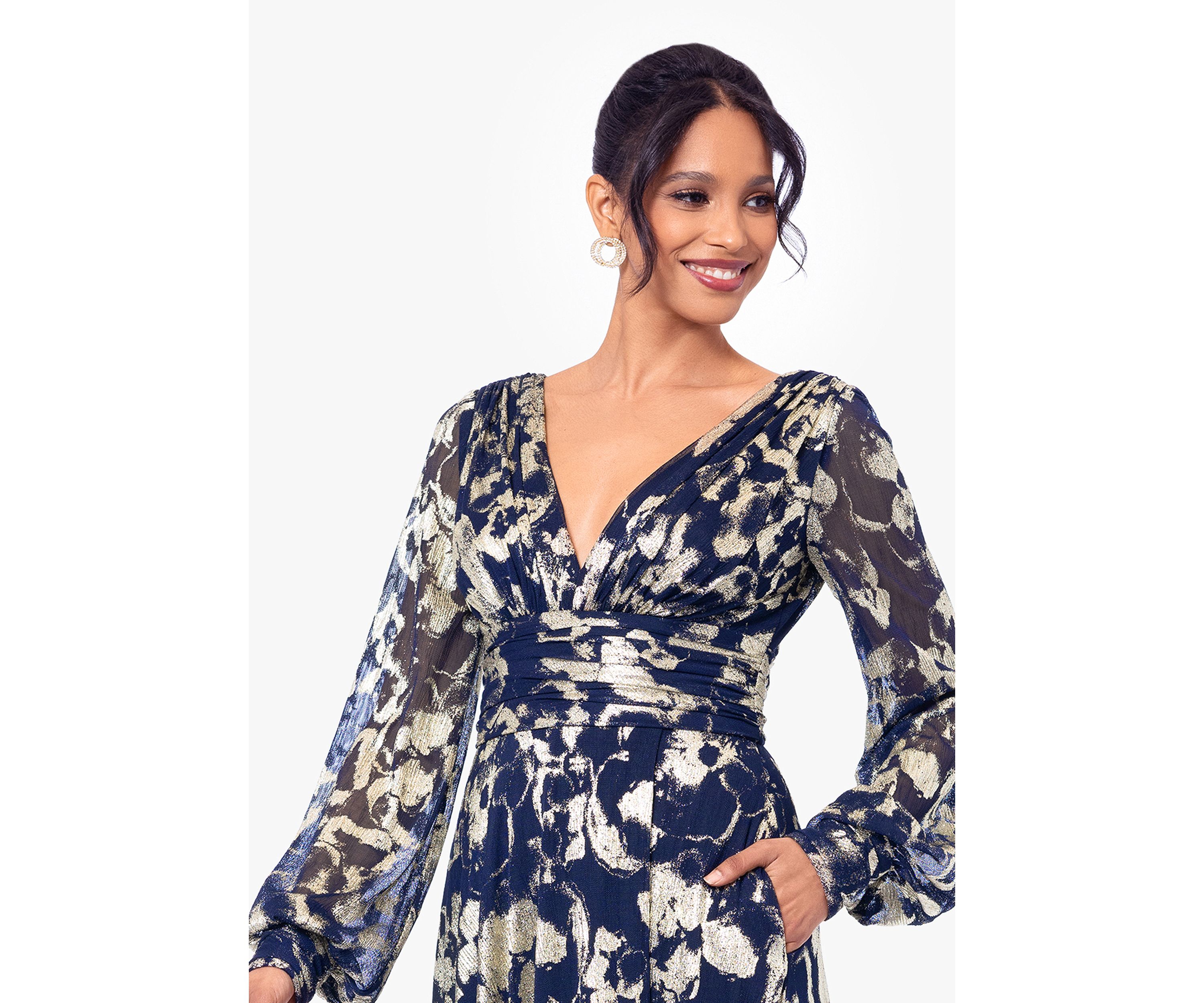 Womens Long Sleeve Floral Print Belted Gown 